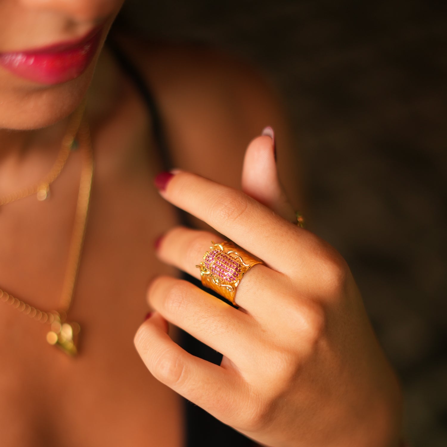Egyptian-Inspired Scarab Beetle Ring with Ruby Stones in 24K Gold-Plated Brass