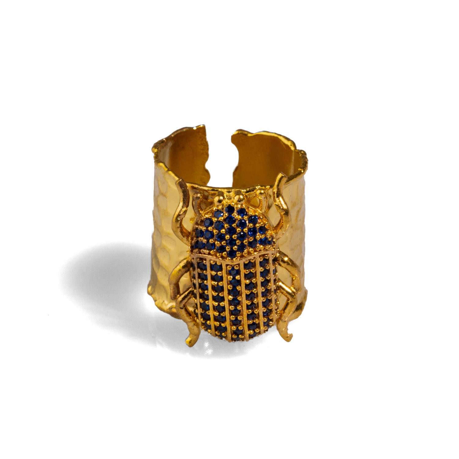 Egyptian Scarab Beetle Sapphire & Gold Chunky Ring - 24k Gold-Plated Brass Cuff Ring with Adjustable Band