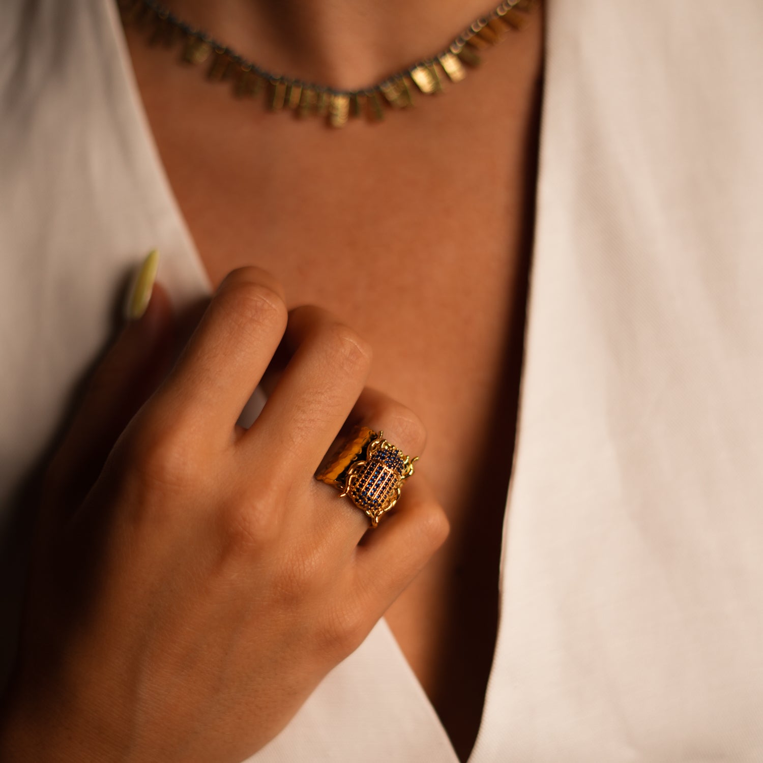 Adjustable Scarab Beetle Cuff Ring - Sapphire & Gold-Plated Brass for Stylish Spirituality