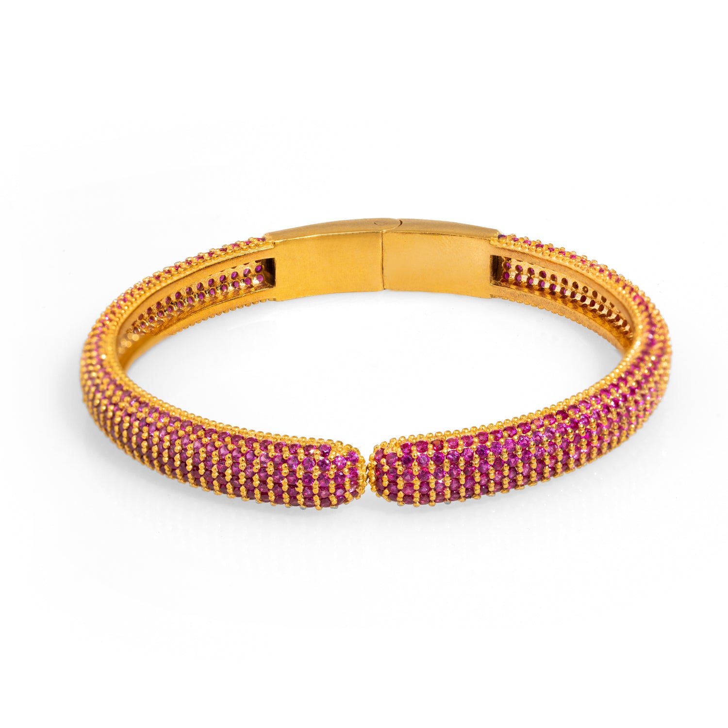 18K Gold-Plated Bangle Bracelet with Radiant Ruby Stones for Bold Elegance