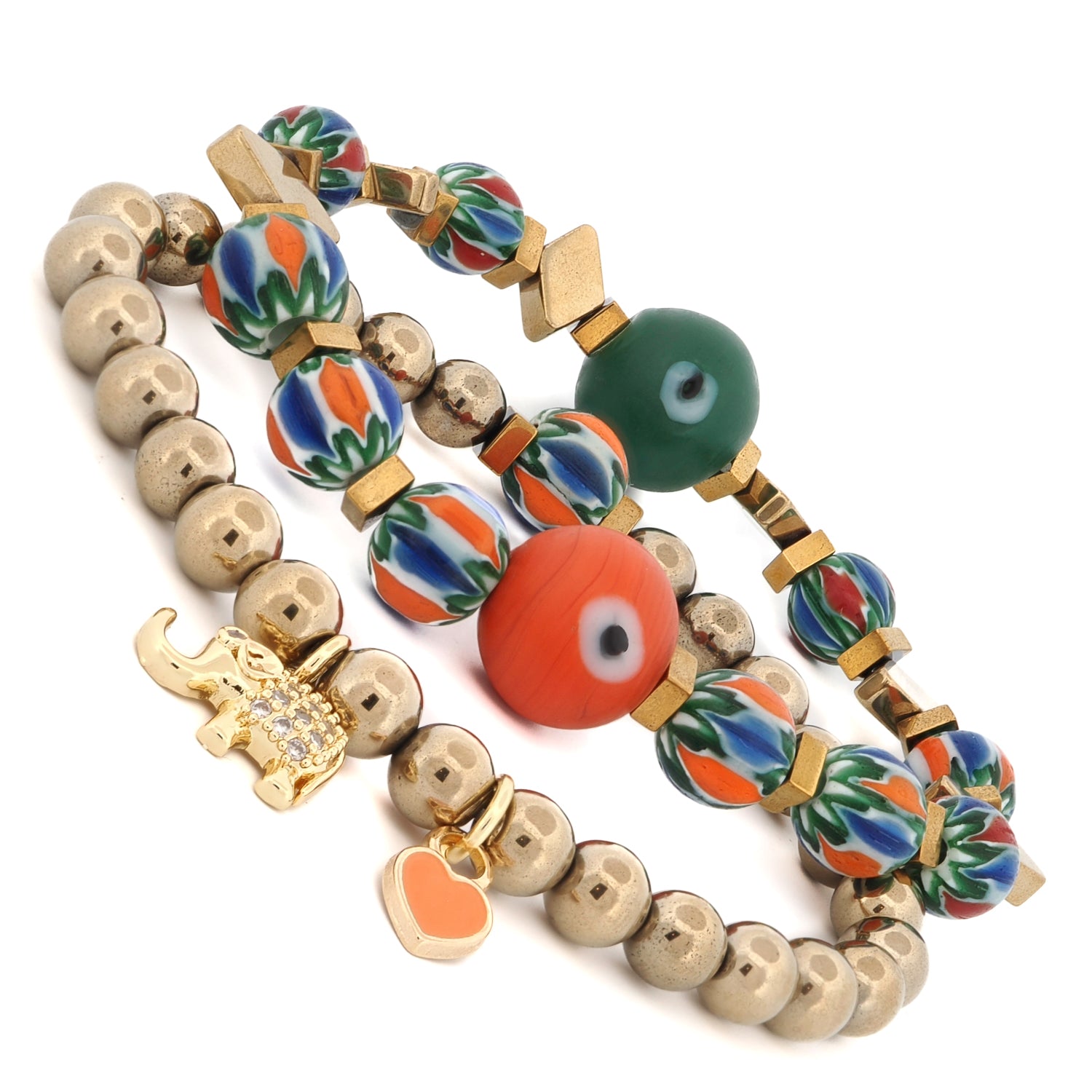 Stylish protection bracelet set with gold-plated elephant and heart charms, African beads, and a green Evil Eye bead.