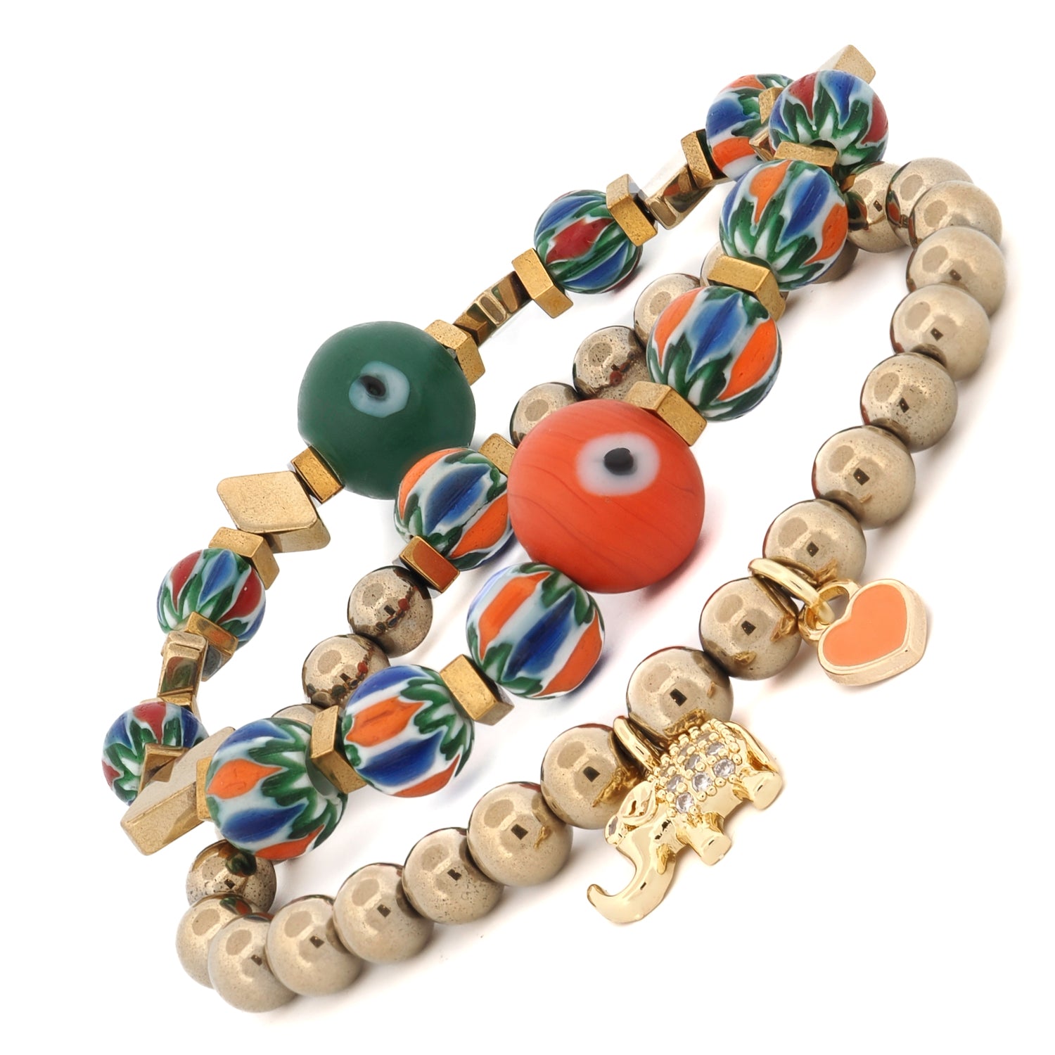 Elephant & Heart Charm bracelet set featuring vibrant African beads and 18K gold-plated accents.