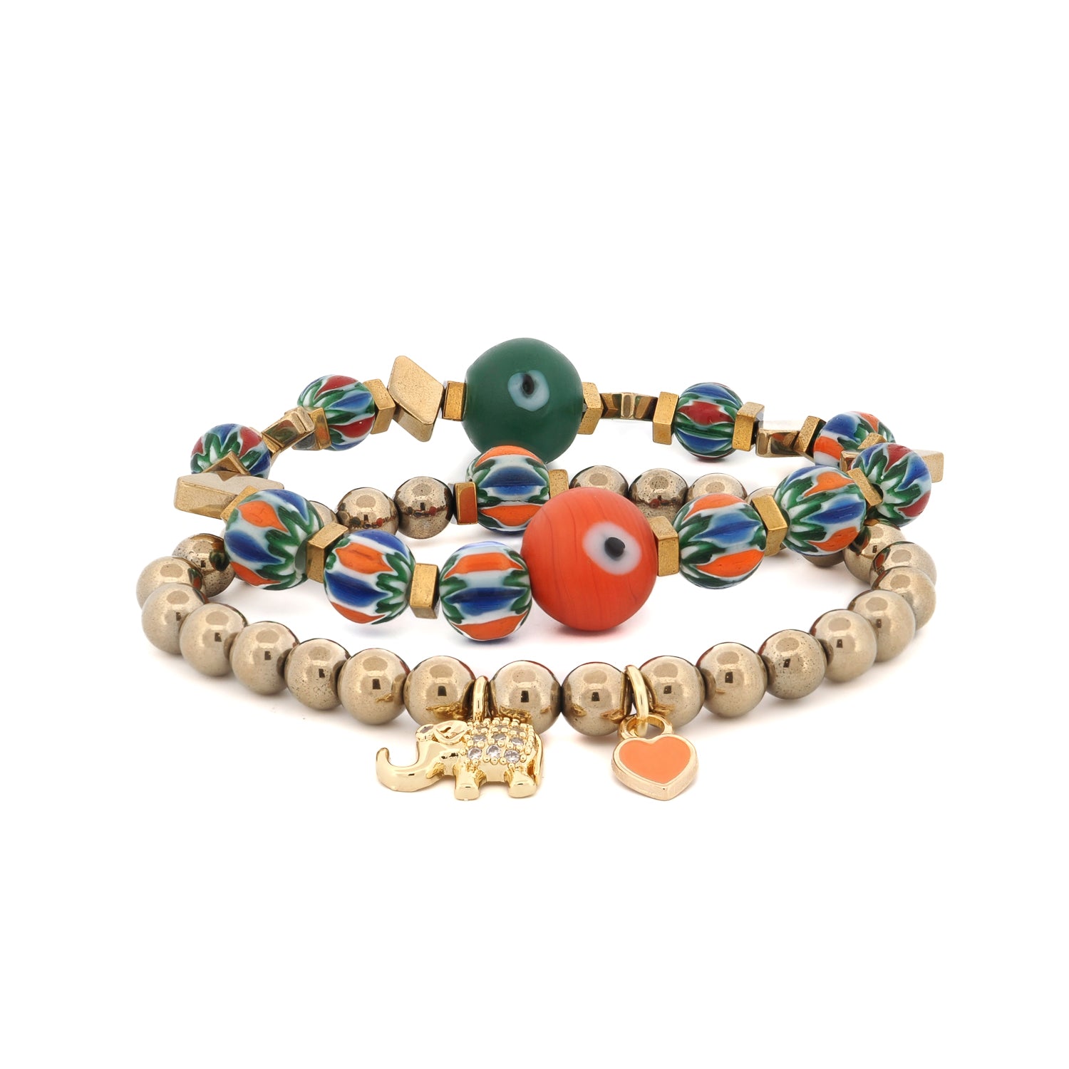 Elephant & Heart Charm Design African Beaded Protection Bracelet Set with gold hematite stones and vibrant charms.