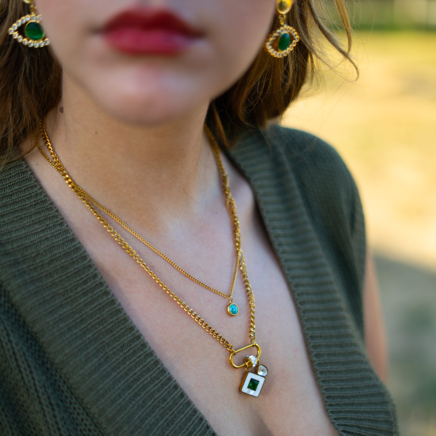 Emerald Charm Layered Gold Necklace