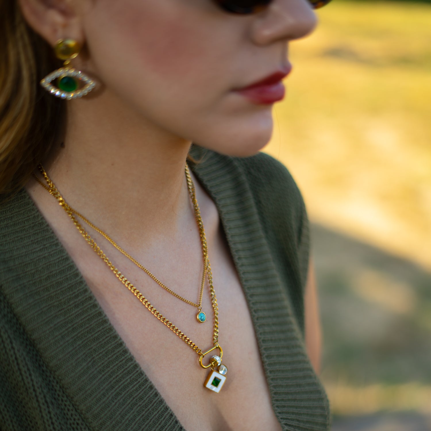 Emerald Charm Layered Gold Necklace