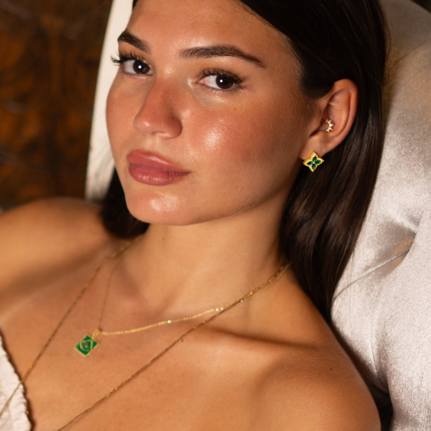 Emerald Clover Bloom Gold Stud Earrings