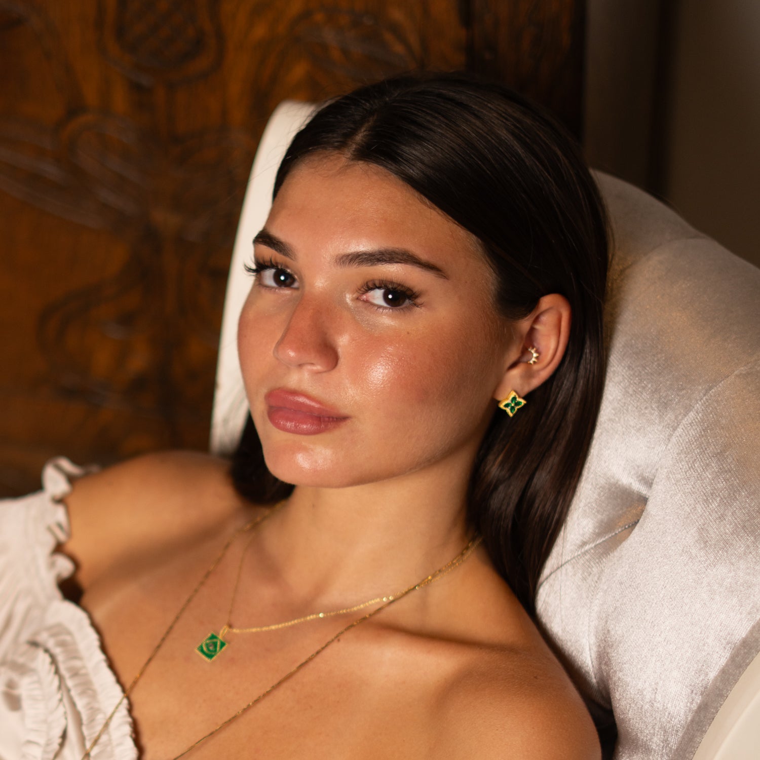 Emerald Clover Bloom Gold Stud Earrings
