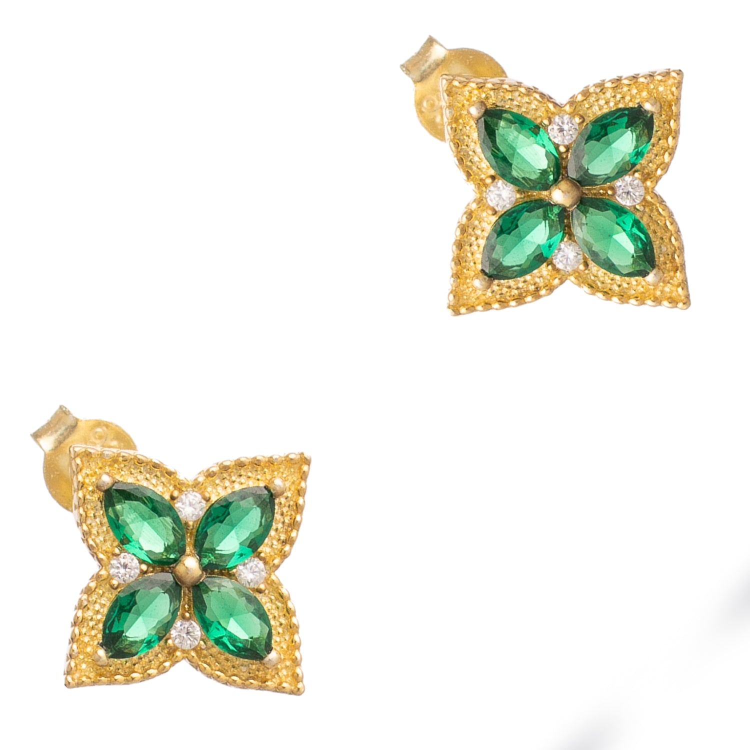 Emerald Clover Bloom Gold Stud Earrings