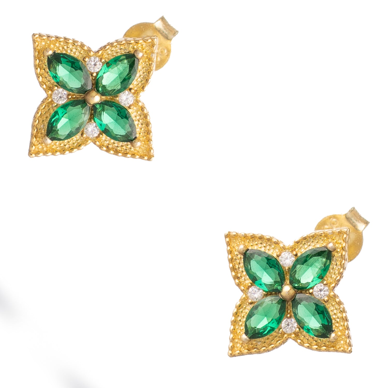 Emerald Clover Bloom Gold Stud Earrings