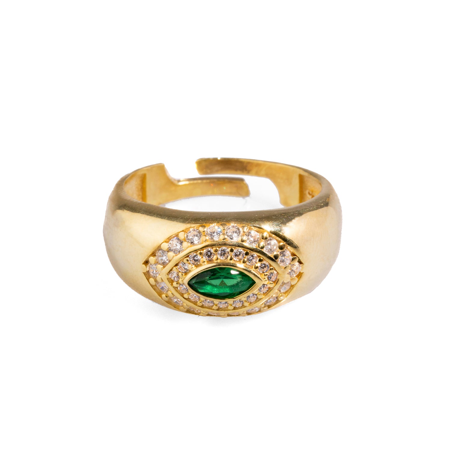 Elegant Emerald & Diamond Gold Vermeil Ring with Symbolic Eye Design for Protection