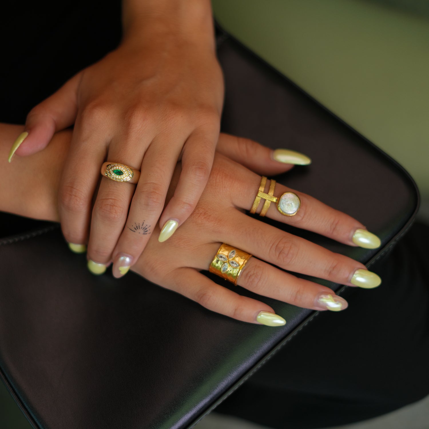 Gold Vermeil Ring with Green Emerald and Cz Diamonds for Spiritual Protection and Style