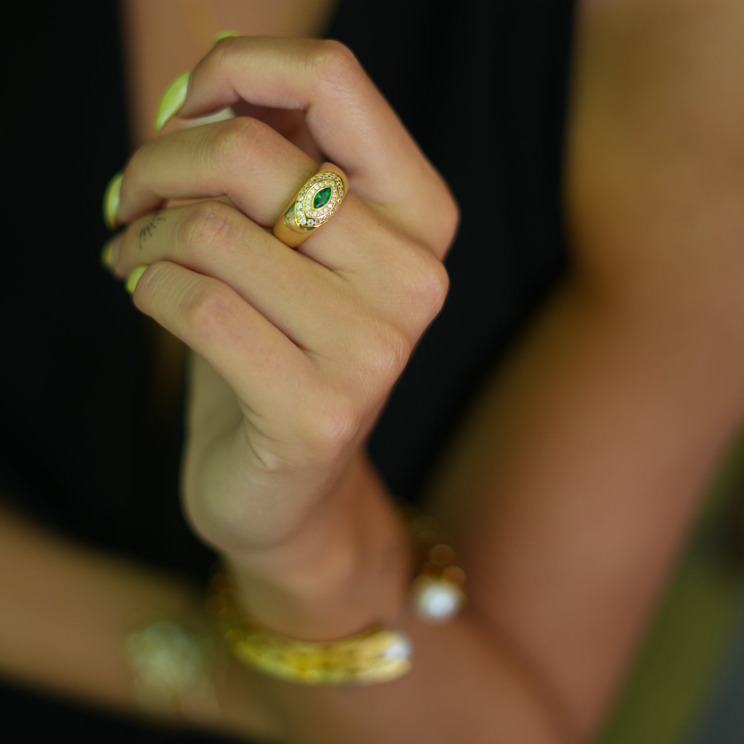 Luxurious 18K Gold-Plated Ring with Emerald Stone and Cz Diamonds for a Bold Look