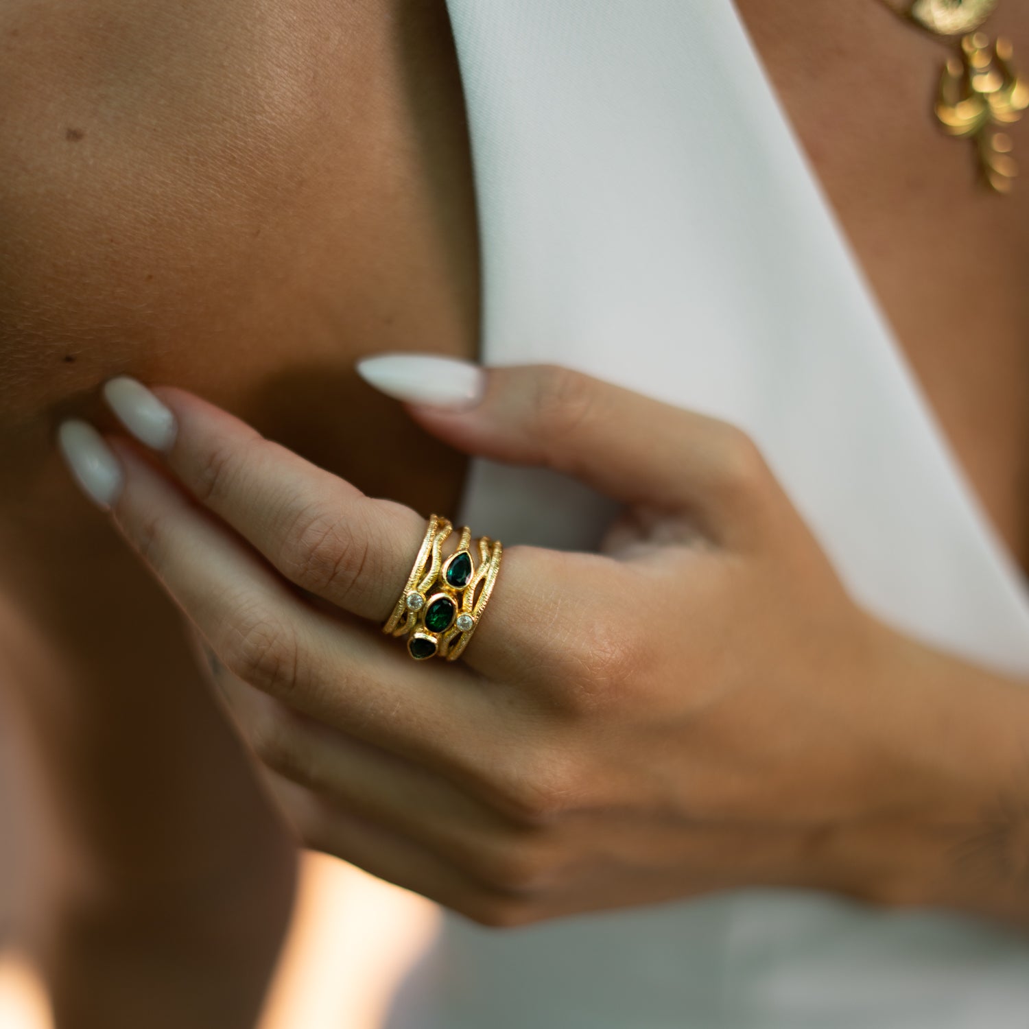 Emerald & Diamond Regal Adjustable Gold Ring