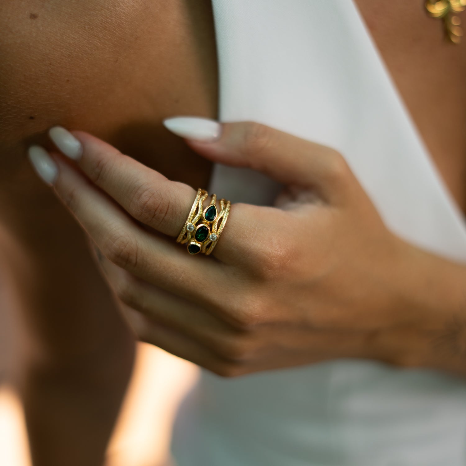 Emerald & Diamond Regal Adjustable Gold Ring