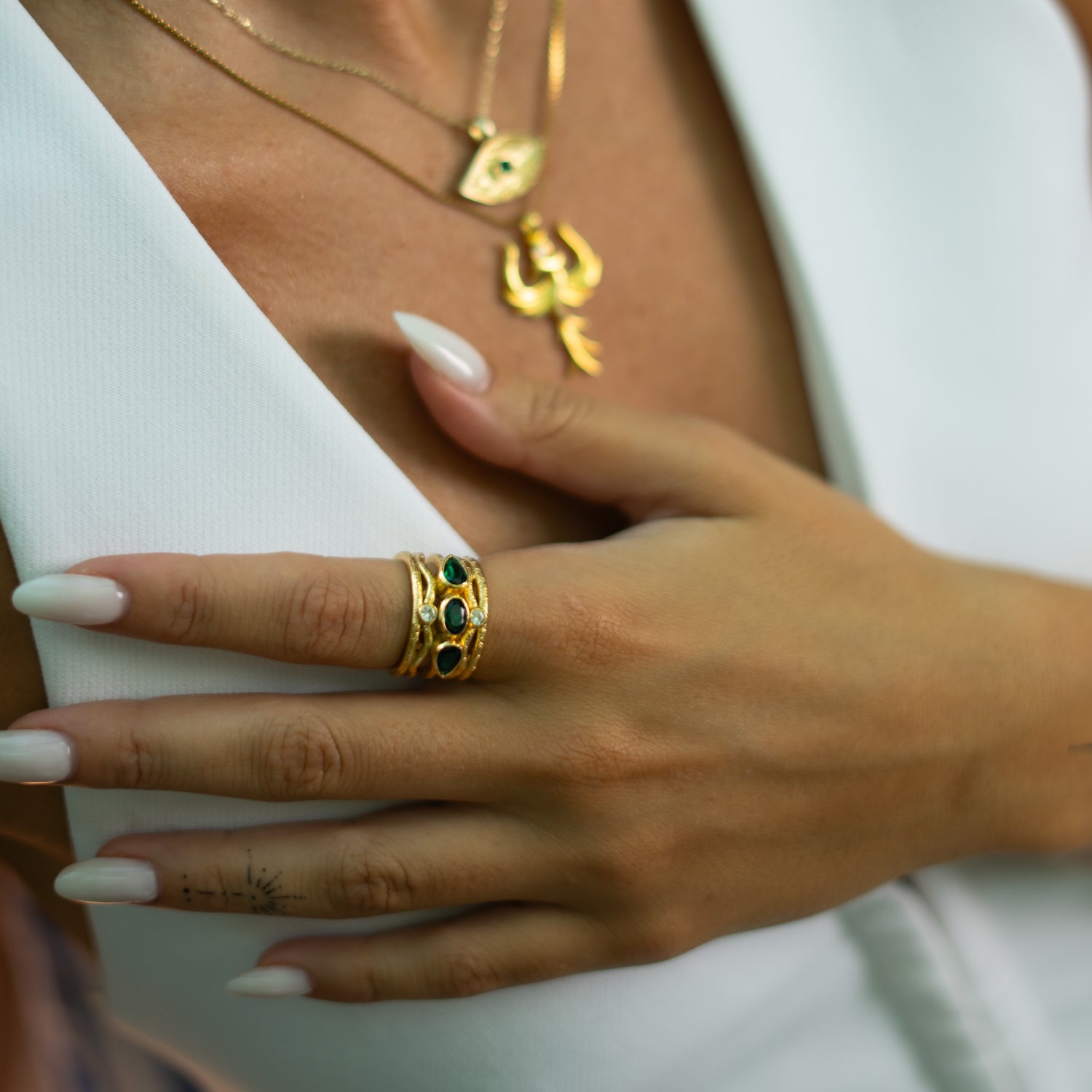 Emerald & Diamond Regal Adjustable Gold Ring
