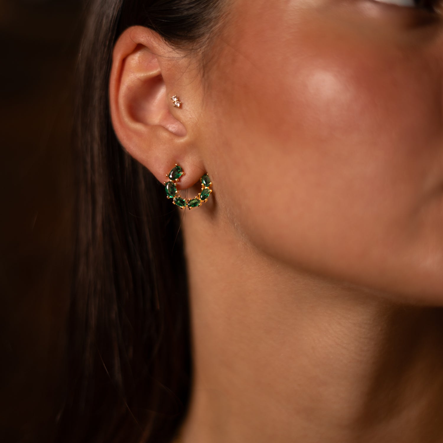 Emerald Glow Stud Hoop Earrings