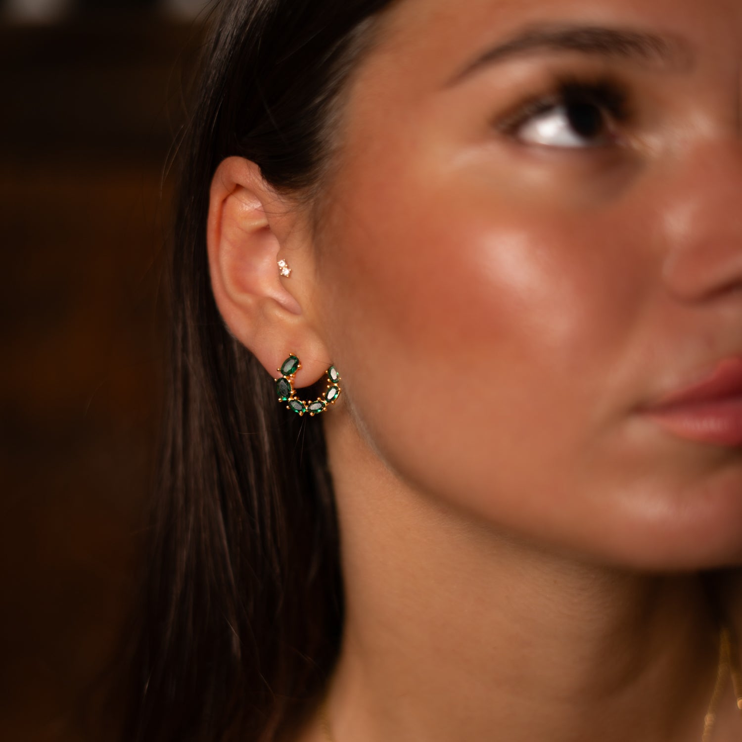 Emerald Glow Stud Hoop Earrings