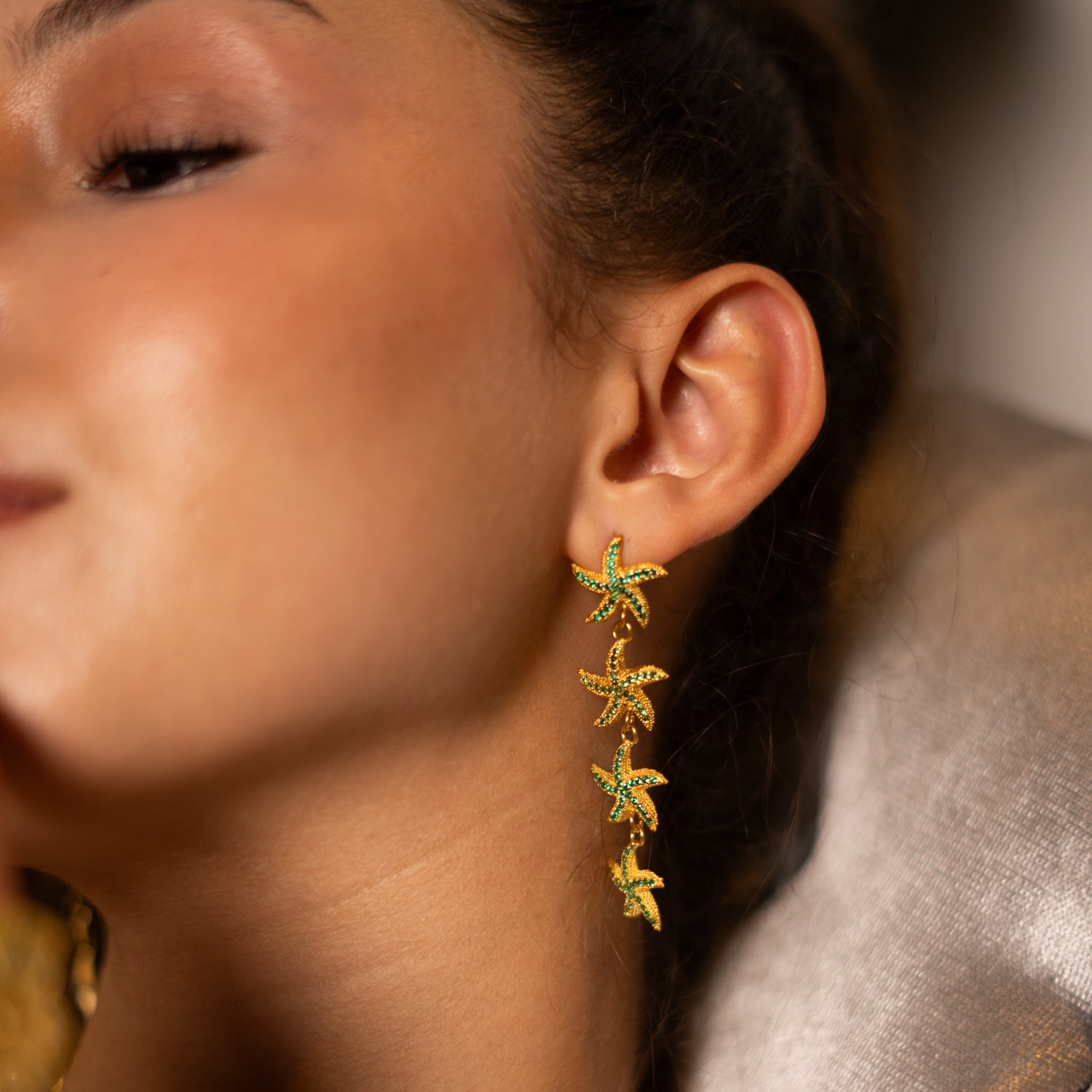 Emerald Starfish Cascade Gold Dangle Earrings