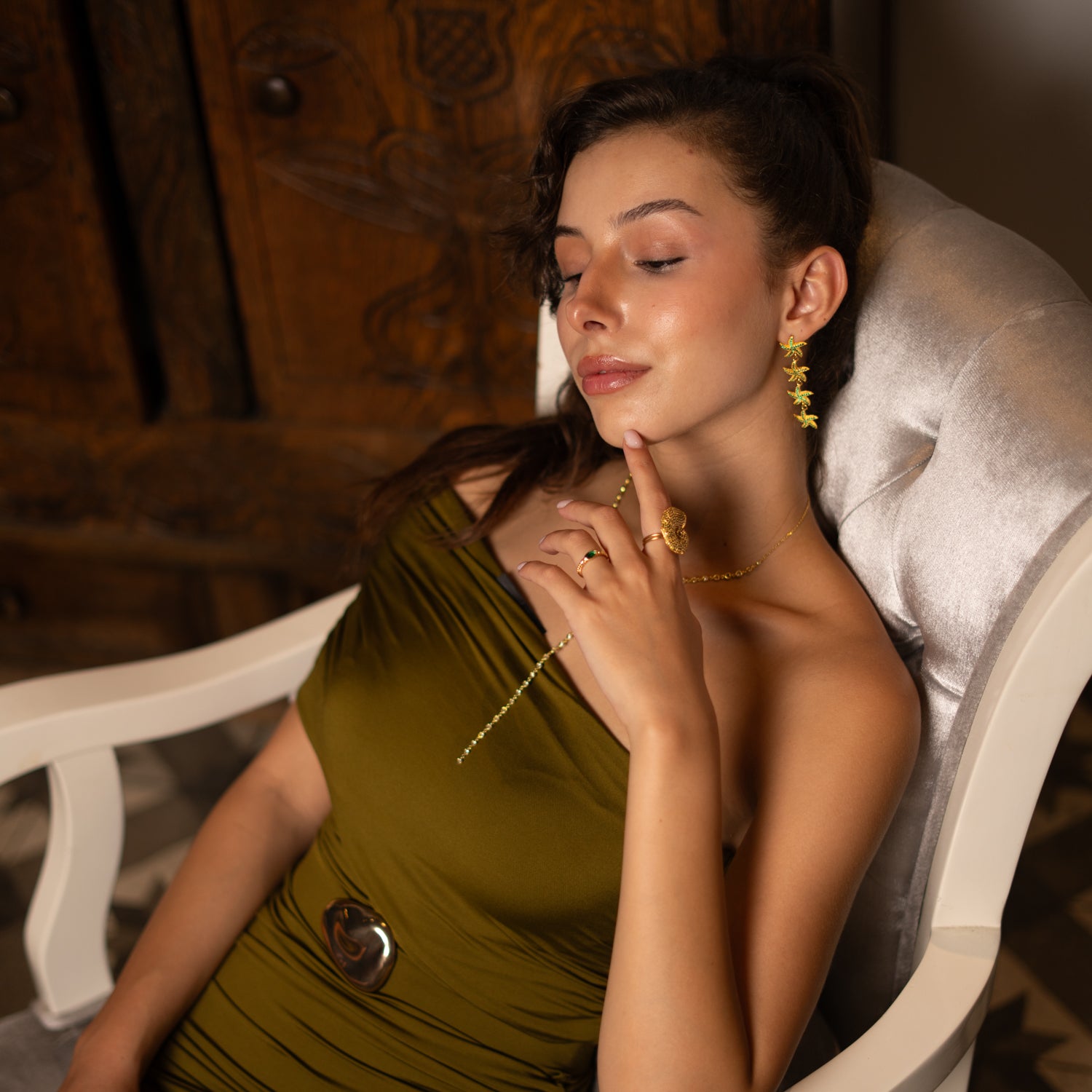 Emerald Starfish Cascade Gold Dangle Earrings