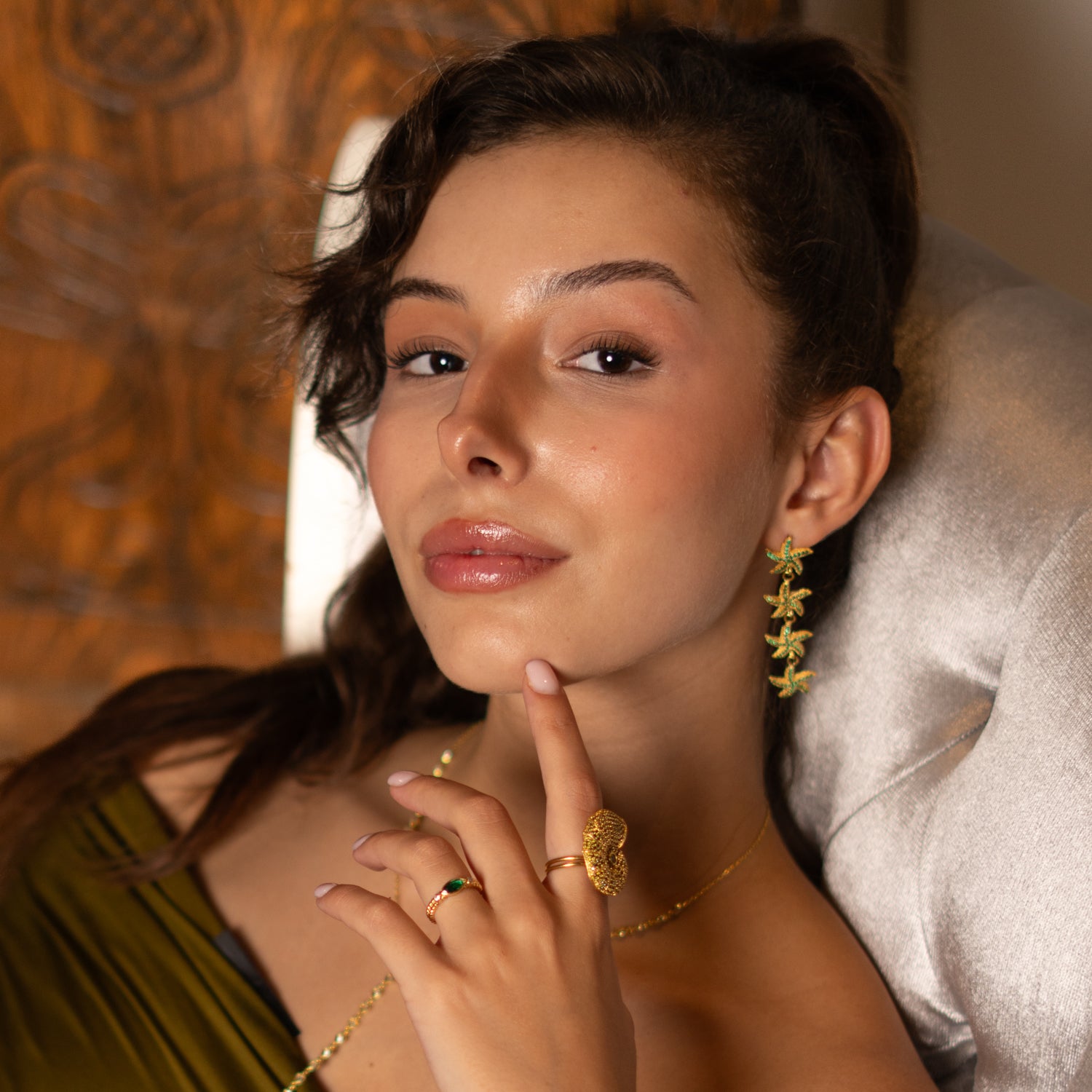 Emerald Starfish Cascade Gold Dangle Earrings