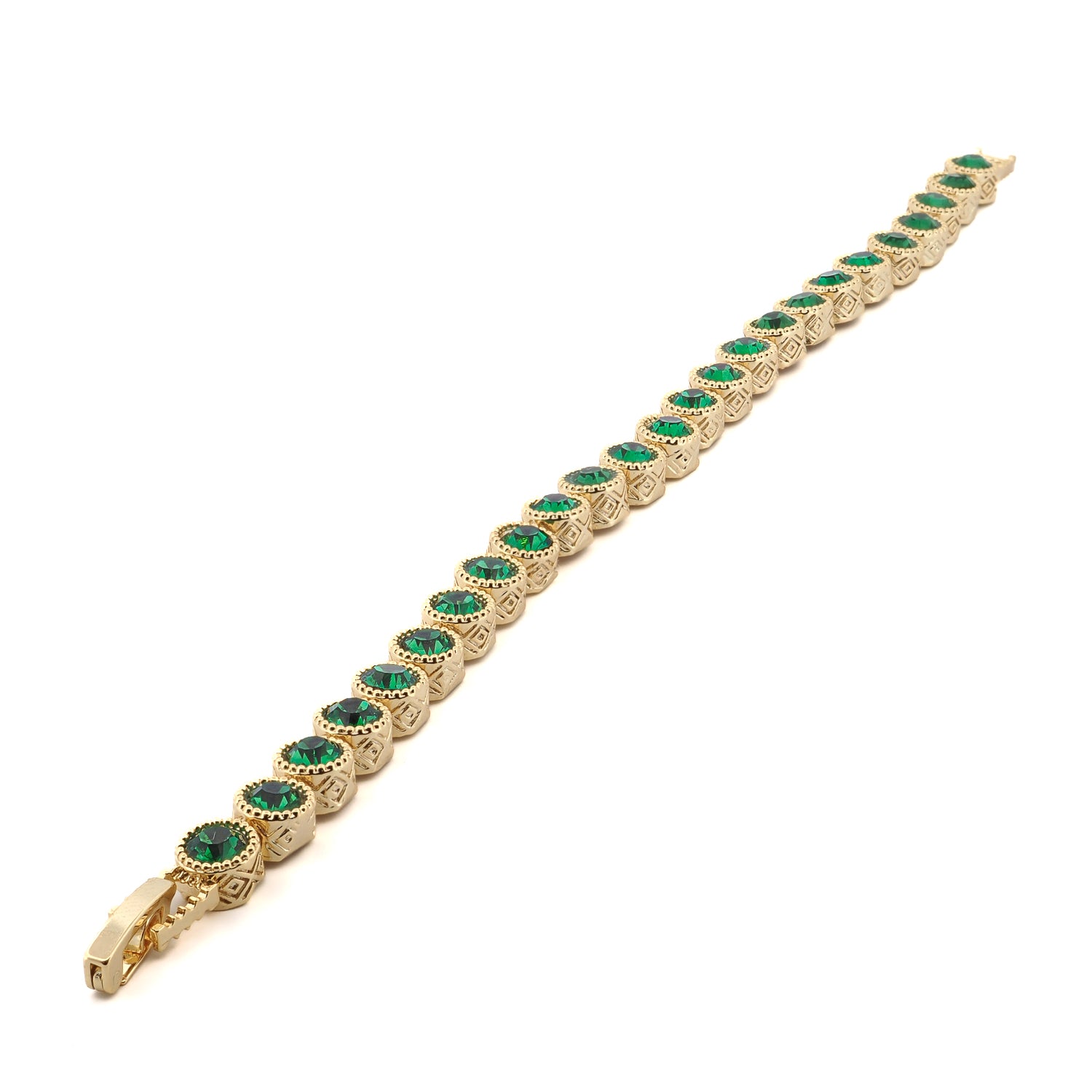 Elegant Emerald Tennis Bracelet with Spiritual Mystic Engravings on High-Quality Bronze Base