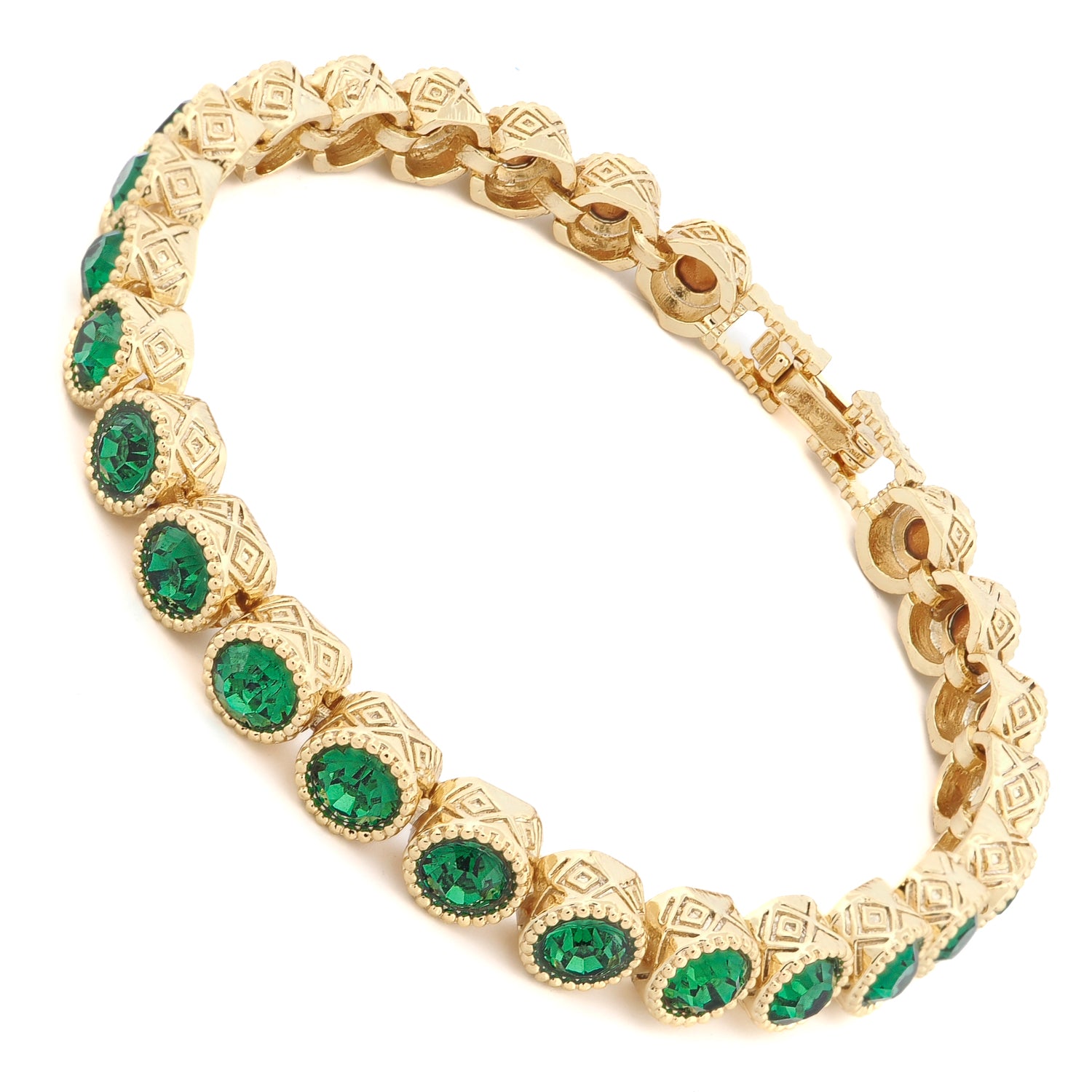 Handcrafted Emerald Tennis Bracelet with Mystic Engravings on Gold-Plated Bronze for Timeless Beauty