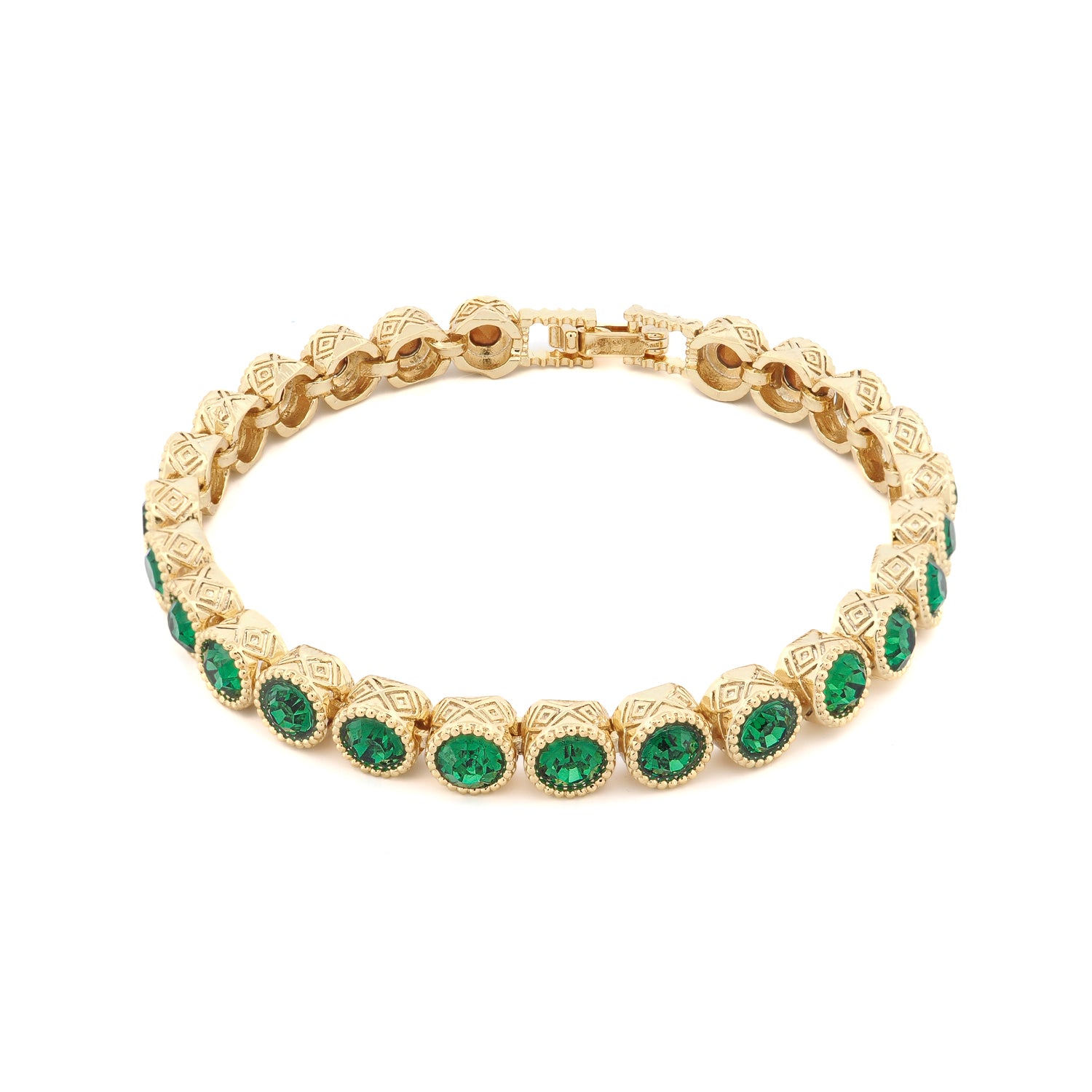 Handmade Emerald Tennis Mystic Bracelet with Gold-Plated Bronze and Intricate Mystic Engravings