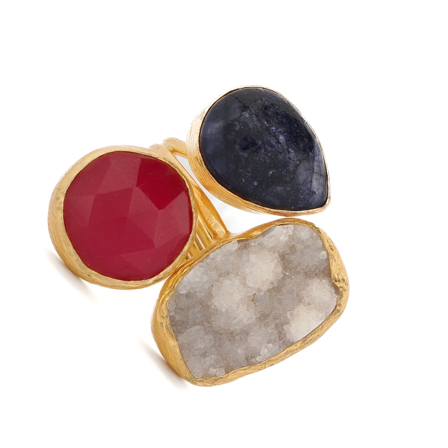 Energized Harmony ruby, quartz, and amethyst adjustable gemstone ring on white background