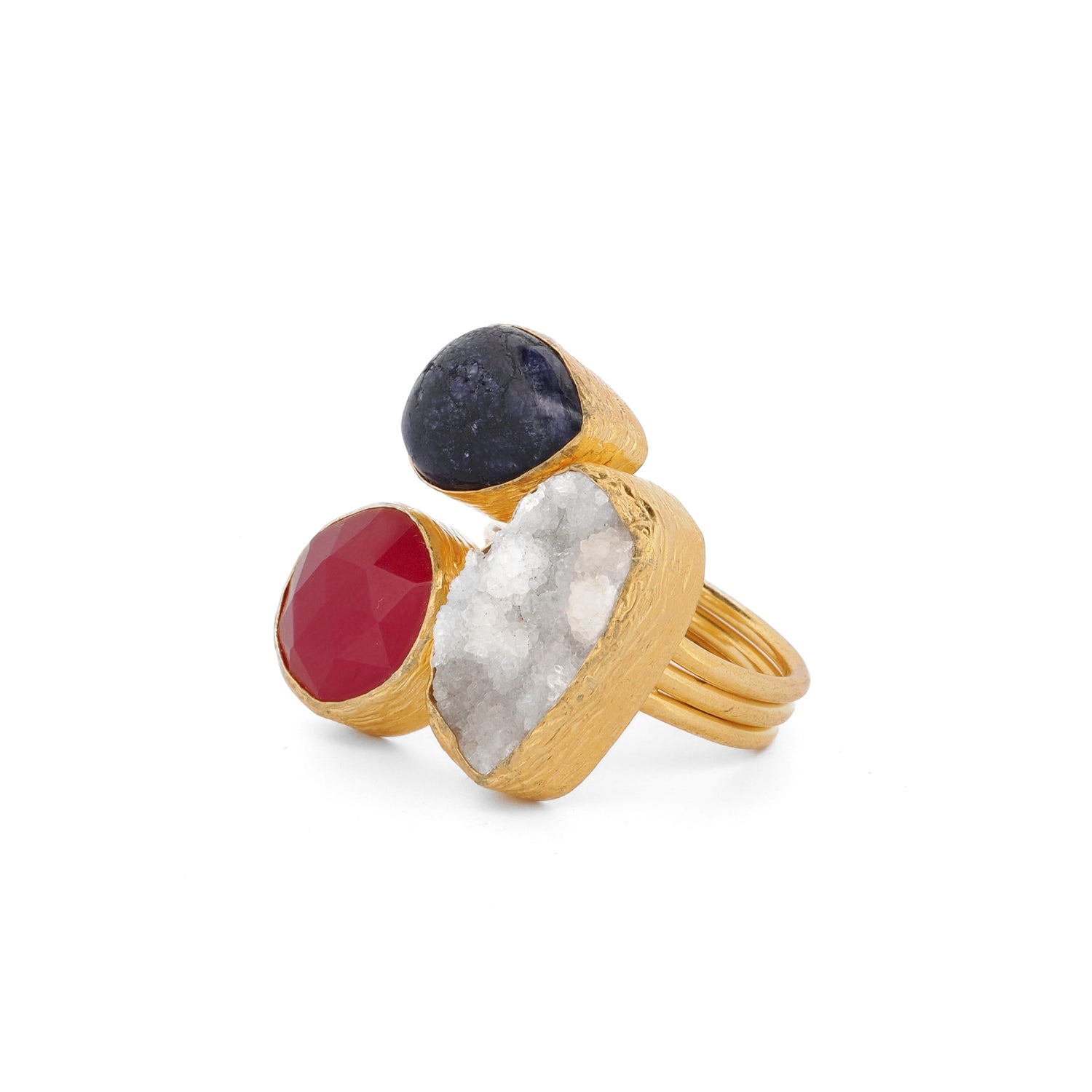 Handmade adjustable ring with red ruby, white quartz, and deep purple amethyst