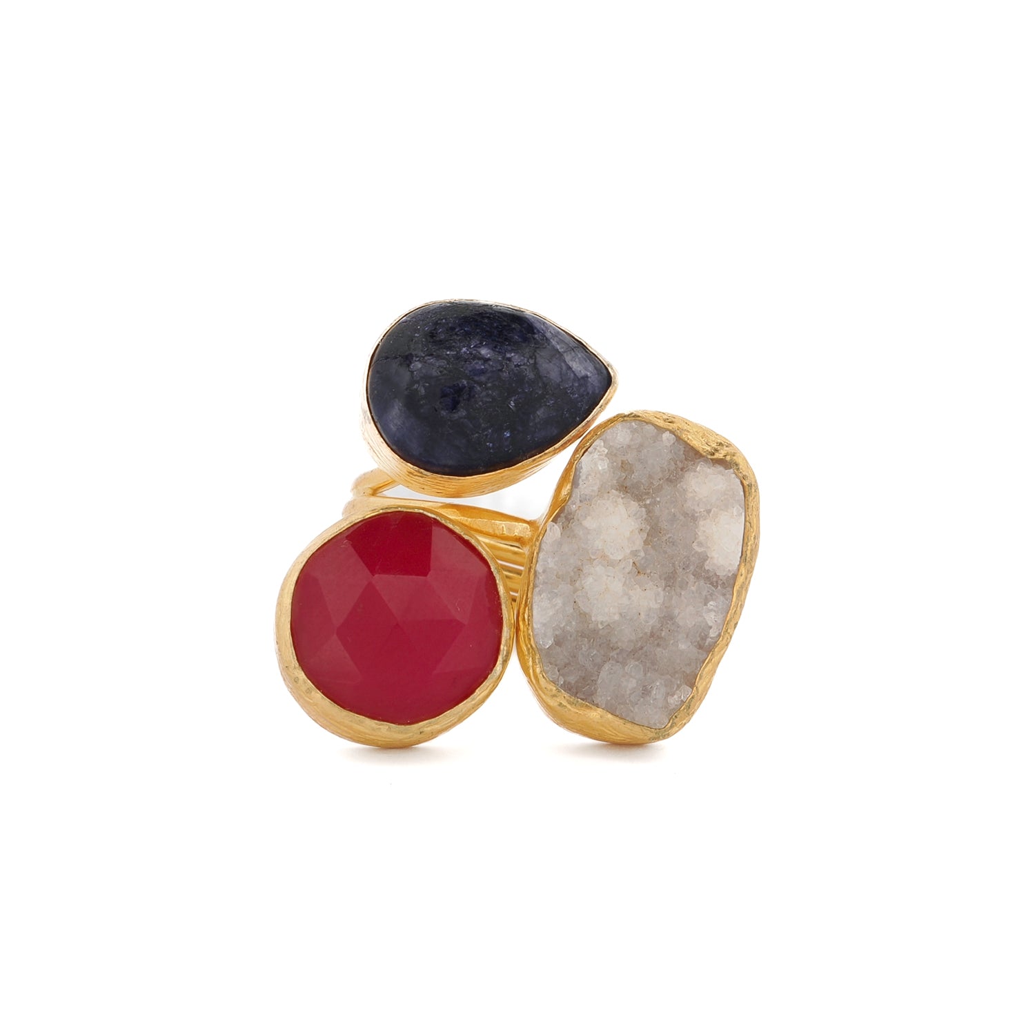 Asymmetrical spiritual ring with three natural stones for daily empowerment