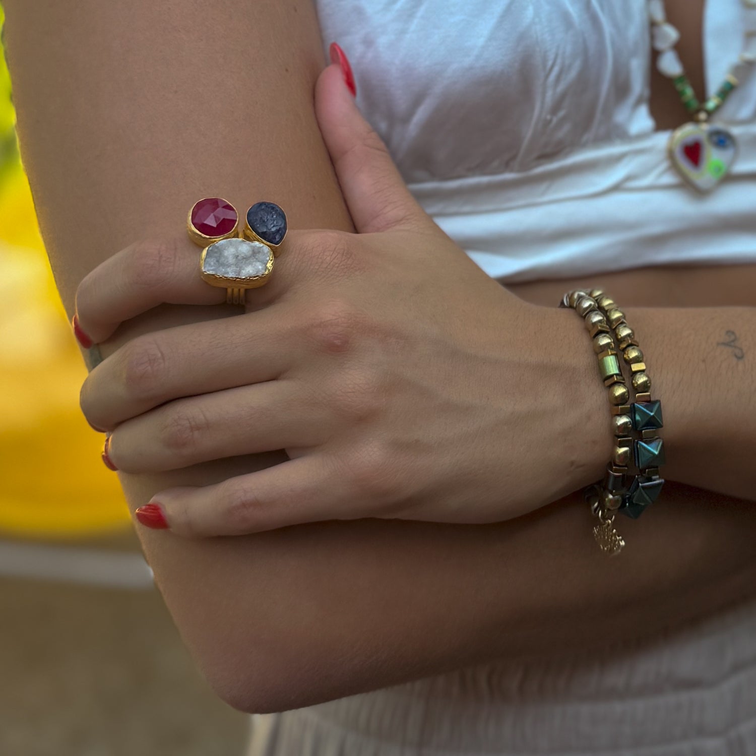 Handmade spiritual ring featuring three powerful natural stones in bold design