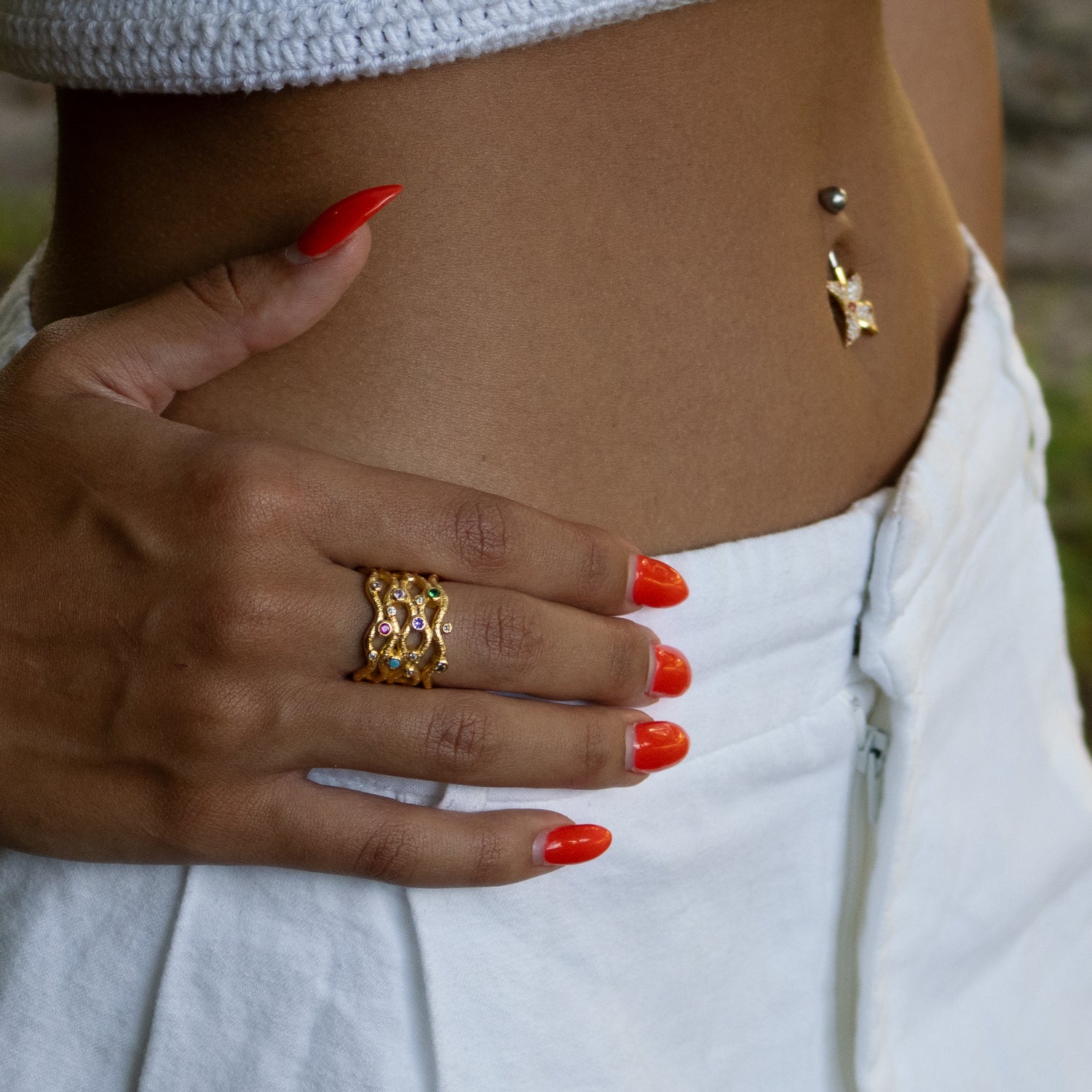 Eternal Waves Multi Gemstone Gold Statement Ring