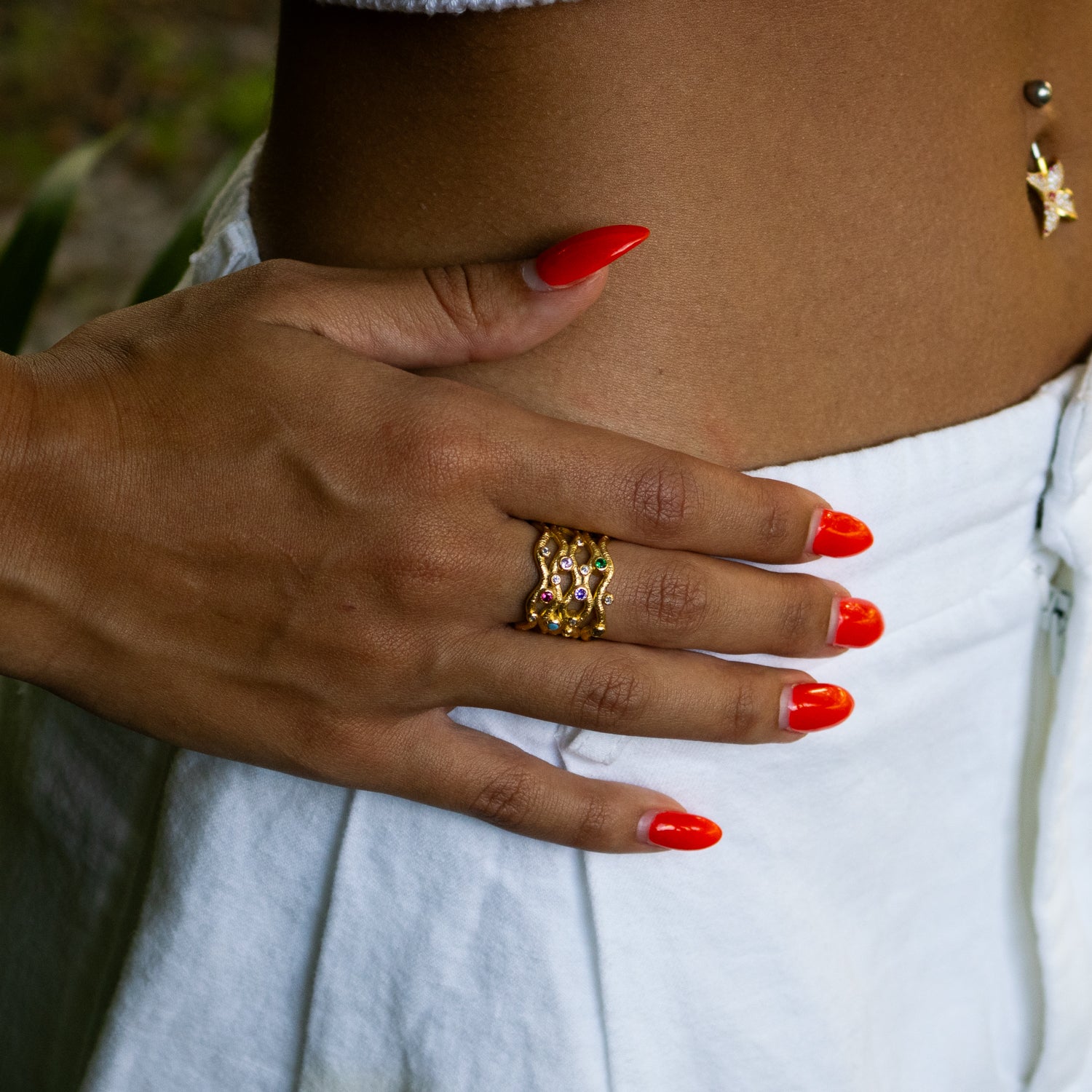 Eternal Waves Multi Gemstone Gold Statement Ring