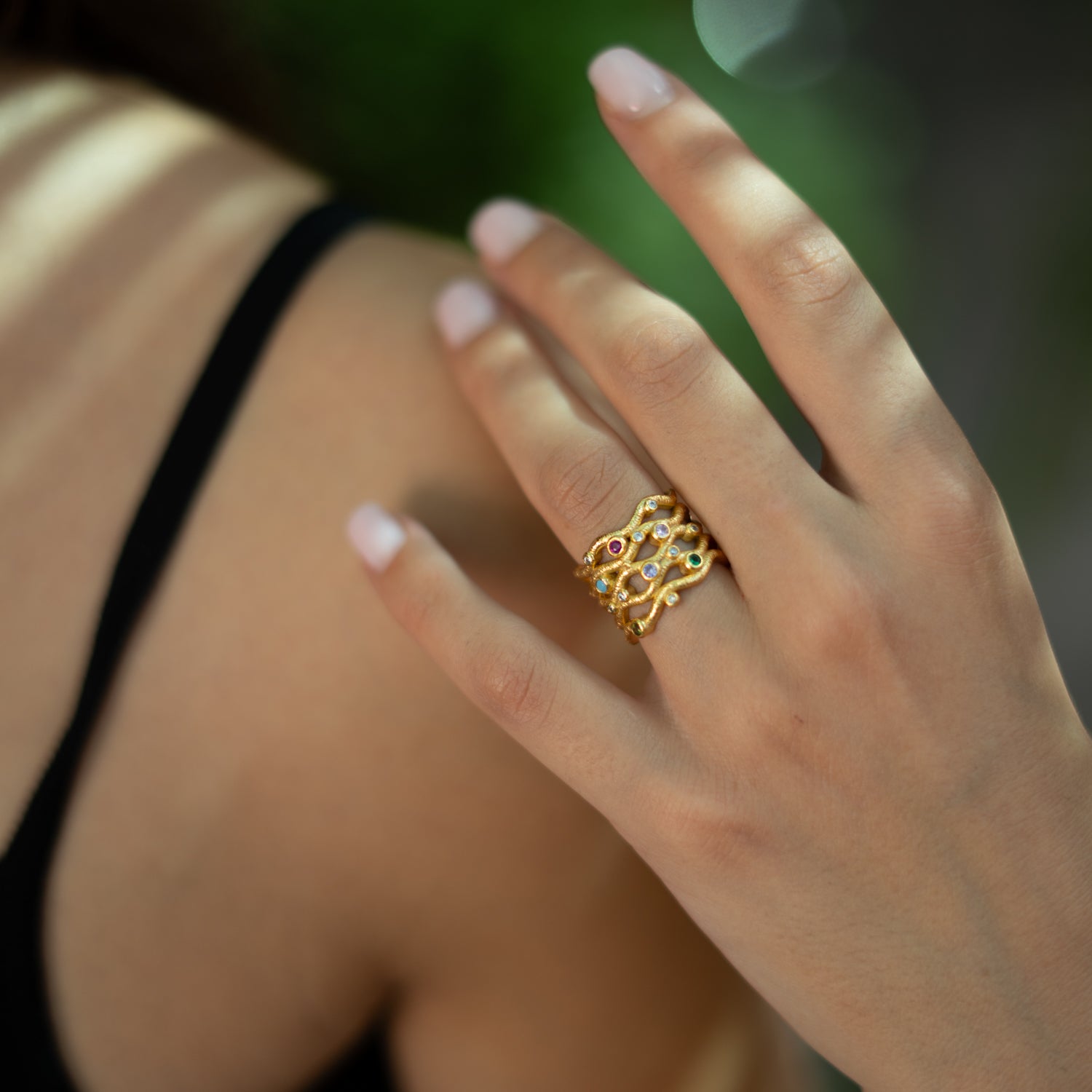 Eternal Waves Multi Gemstone Gold Statement Ring