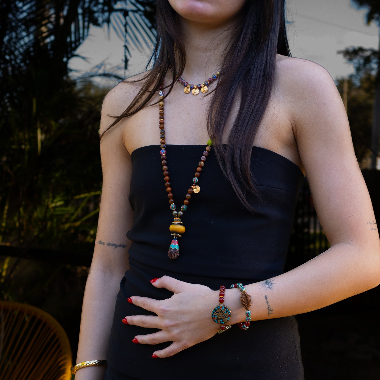 Handcrafted Ethnic Necklace with Gold Spiral Charms, African and Wooden Beads for a Natural, Earthy Look