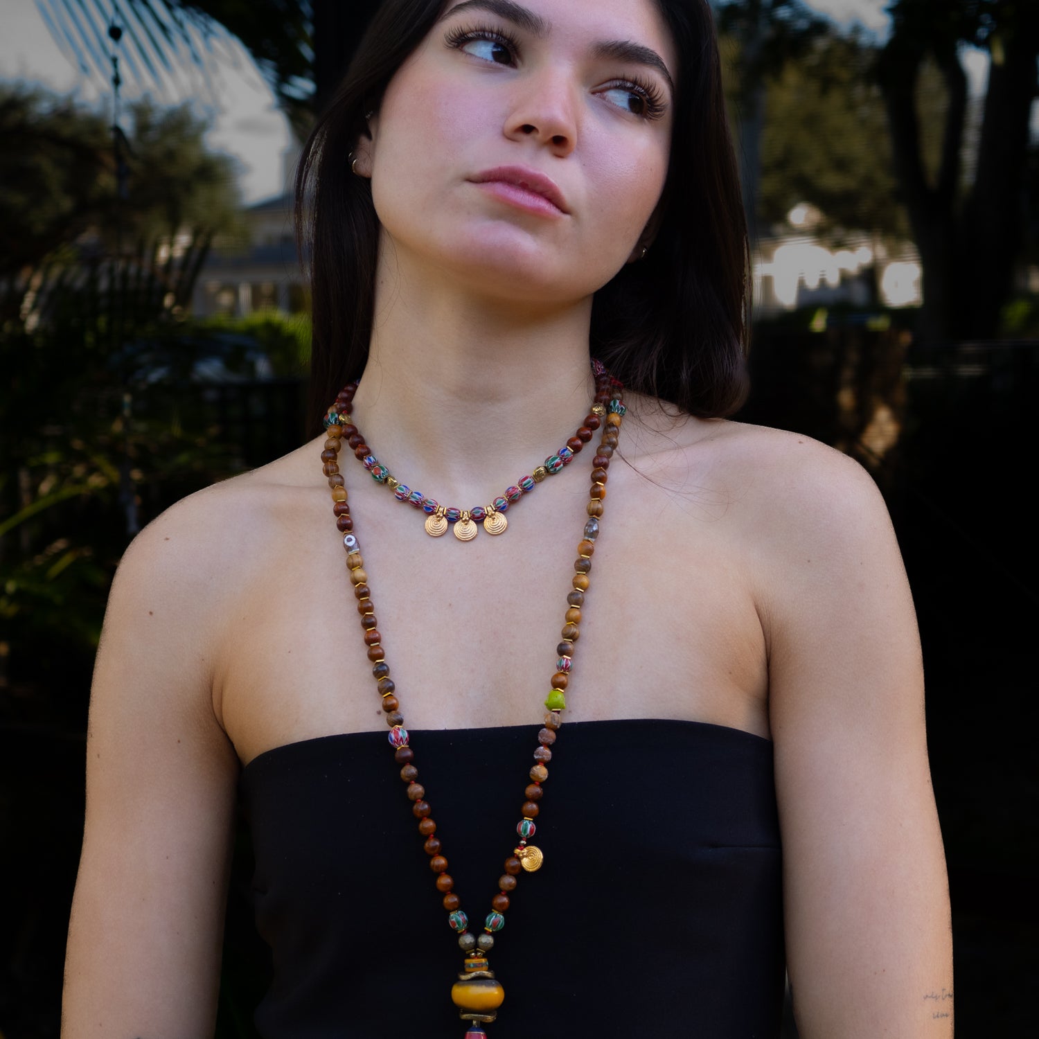 Ethnic Boho Choker Necklace with Gold Spiral Charms, African Beads, and Wooden Beads for a Unique Look