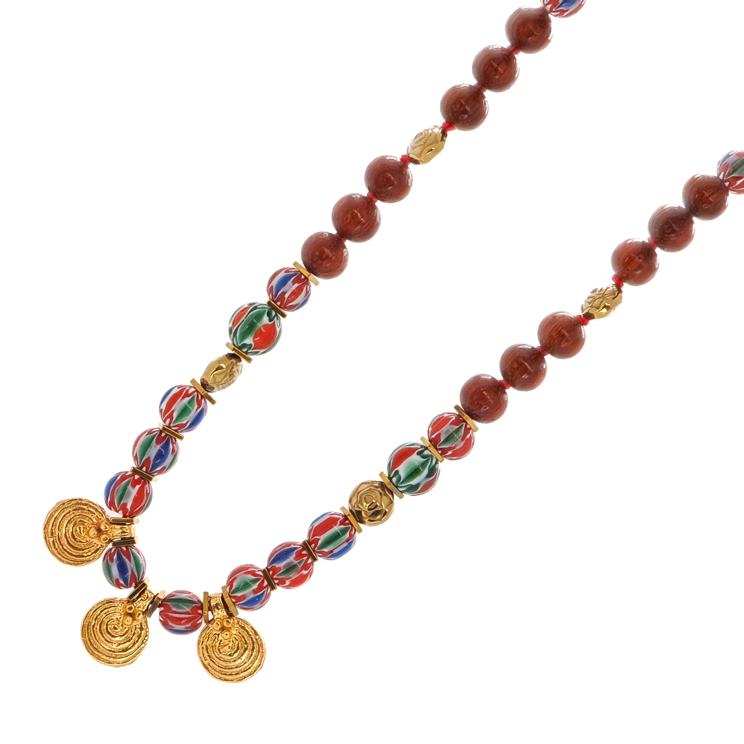 African Beads and Wooden Beads Choker with 18K Gold Spiral Charms for a Spiritual, Bohemian Statement