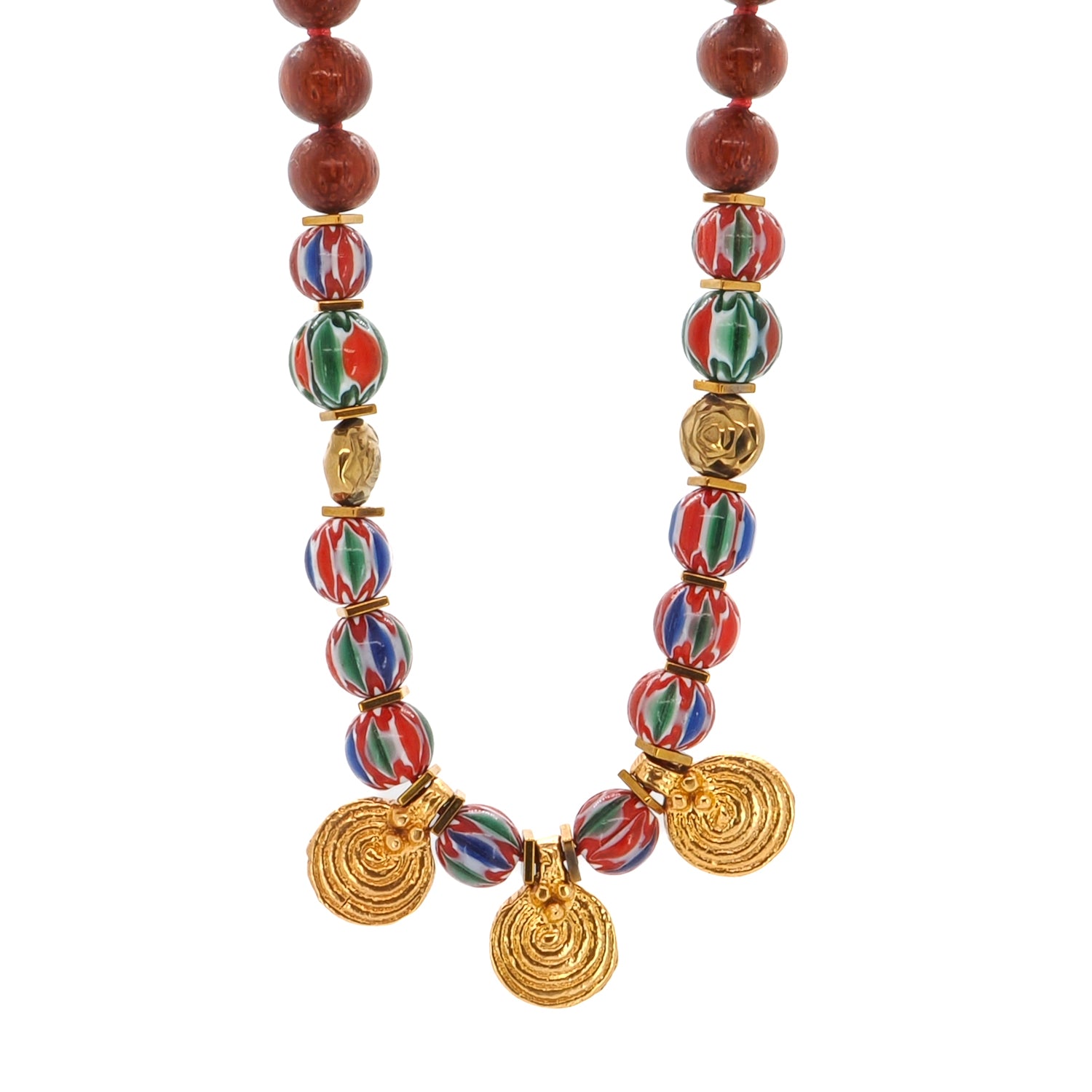 Handmade Ethnic Boho Gold Spiral Charm Choker Necklace with Colorful African Beads and Wooden Beads