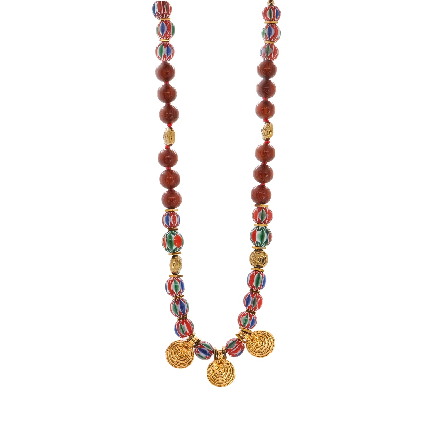 Vibrant Beaded Choker Necklace with Gold Spiral Charms, African Beads, and Wooden Elements for Boho Vibes