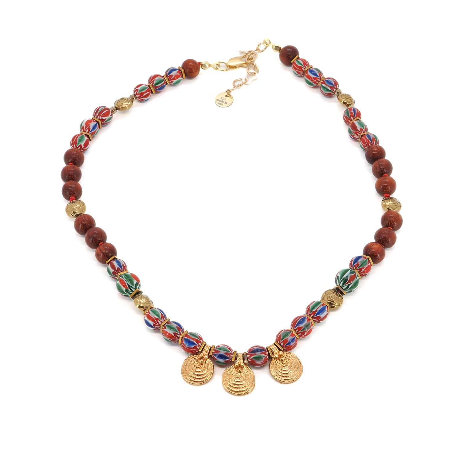 18K Gold-Plated Spiral Charms on Beaded Choker Necklace with African and Wooden Beads for Ethnic Style