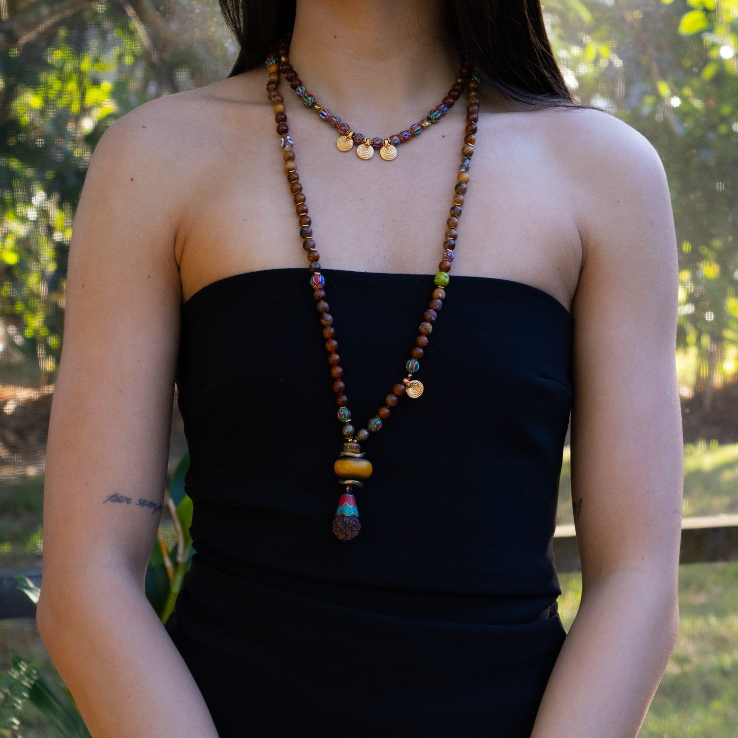 Gold Spiral Charm Beaded Choker with African Beads and Wooden Accents, Perfect for Boho Styles