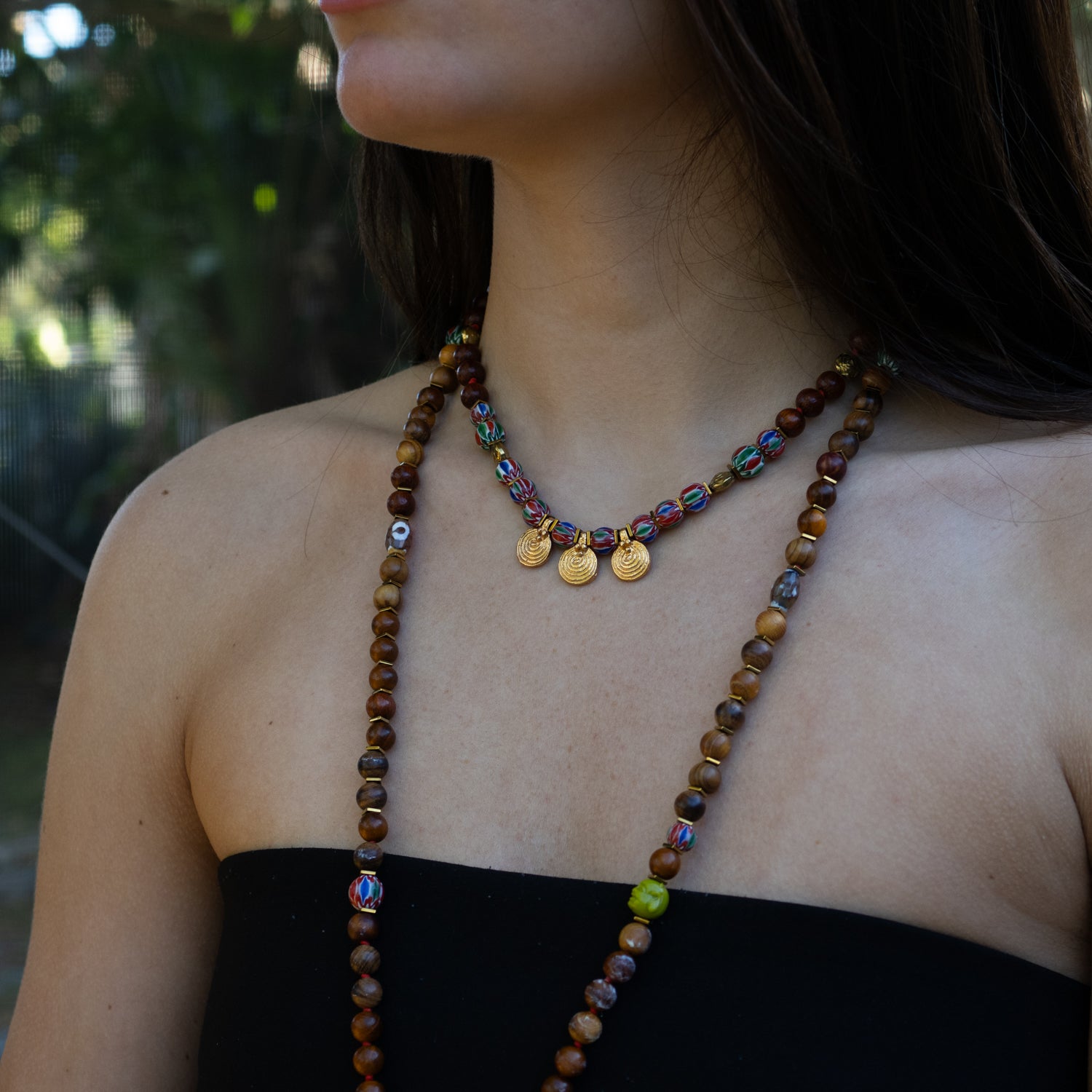 Colorful African Beads and Wooden Beads Necklace with Gold Spiral Charms for a Unique, Handmade Look