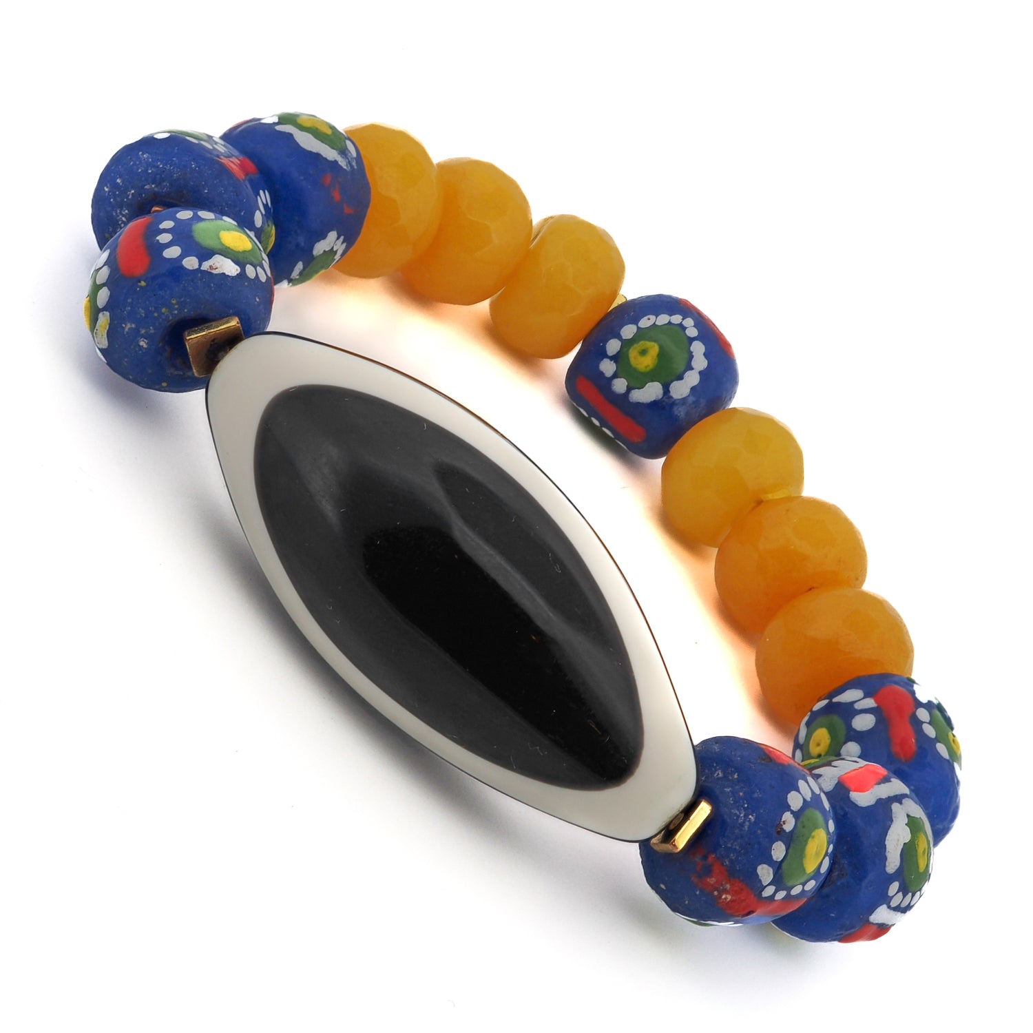Chunky Evil Eye bracelet with bright yellow jade beads and a Nepal Eye bead for protection and style.