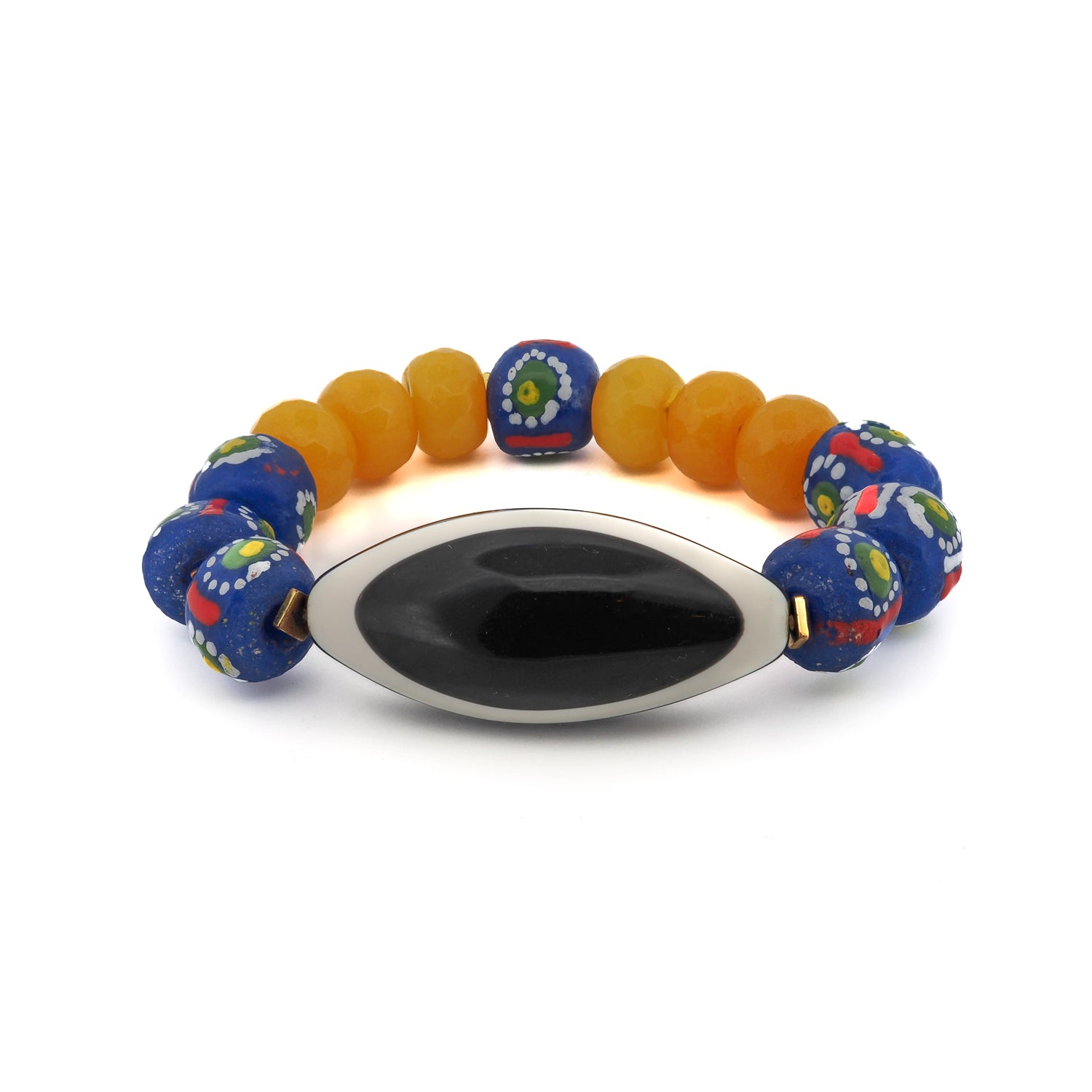 Evil Eye Beaded Chunky Bohemian Bracelet featuring African blue Evil Eye beads, yellow jade, and a black and white Nepal Eye bead.