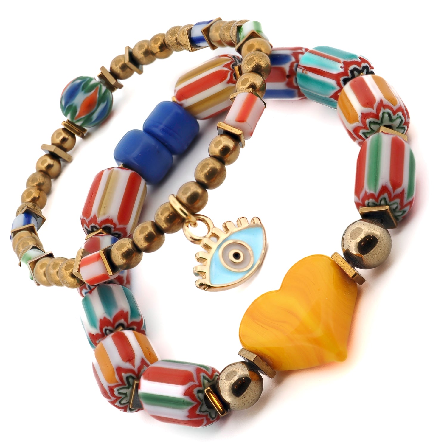 Joyful summer bracelet set with ceramic beads, love heart, and symbolic details.