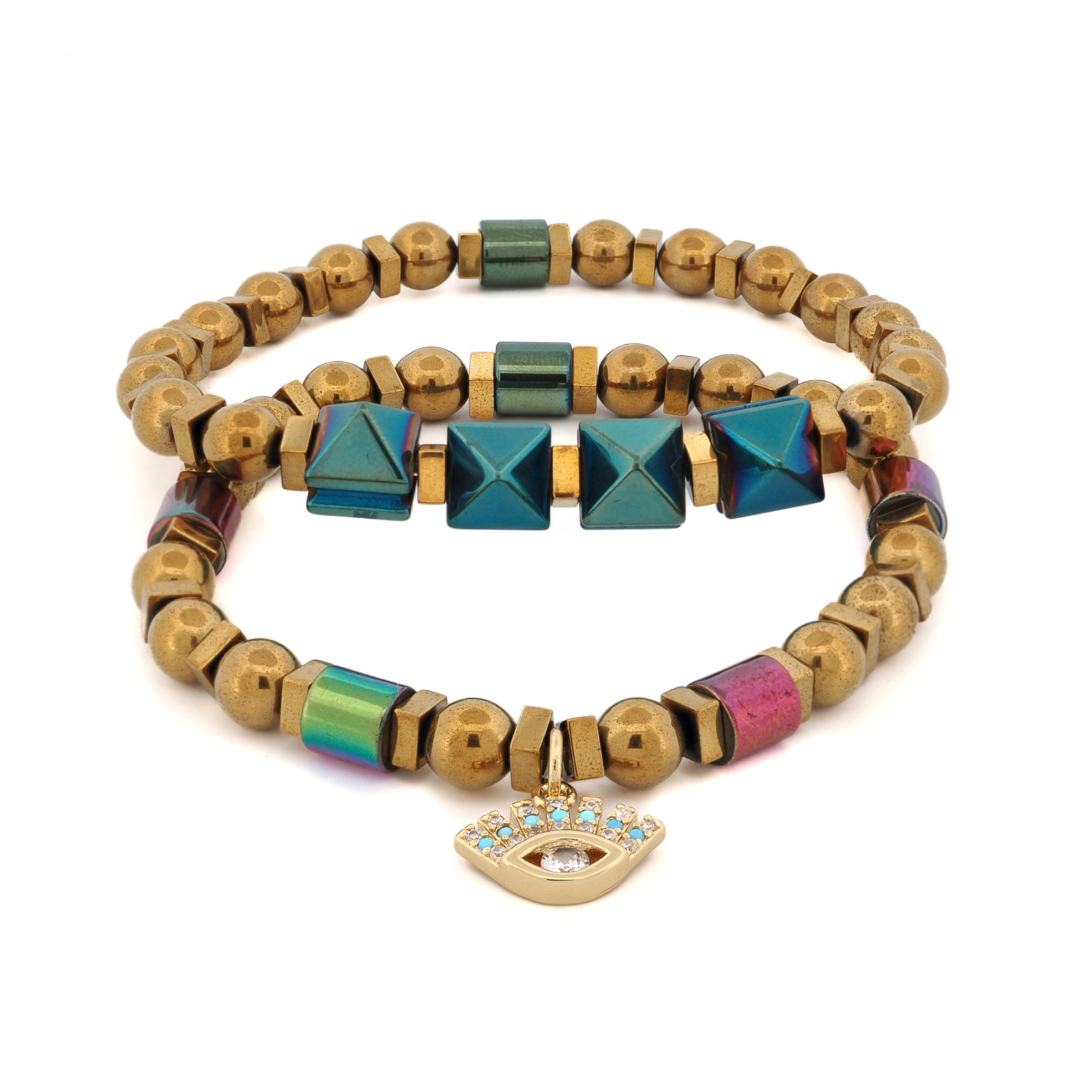 Evil eye hematite beaded bracelet set with gold and colorful stones on white background