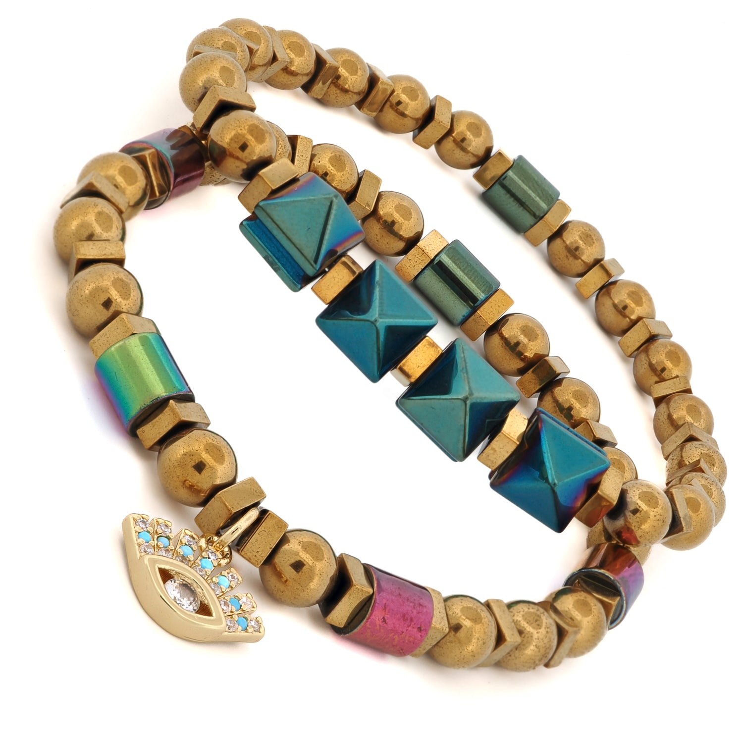 Handmade bracelet duo featuring blue and multicolor hematite beads for protection and balance