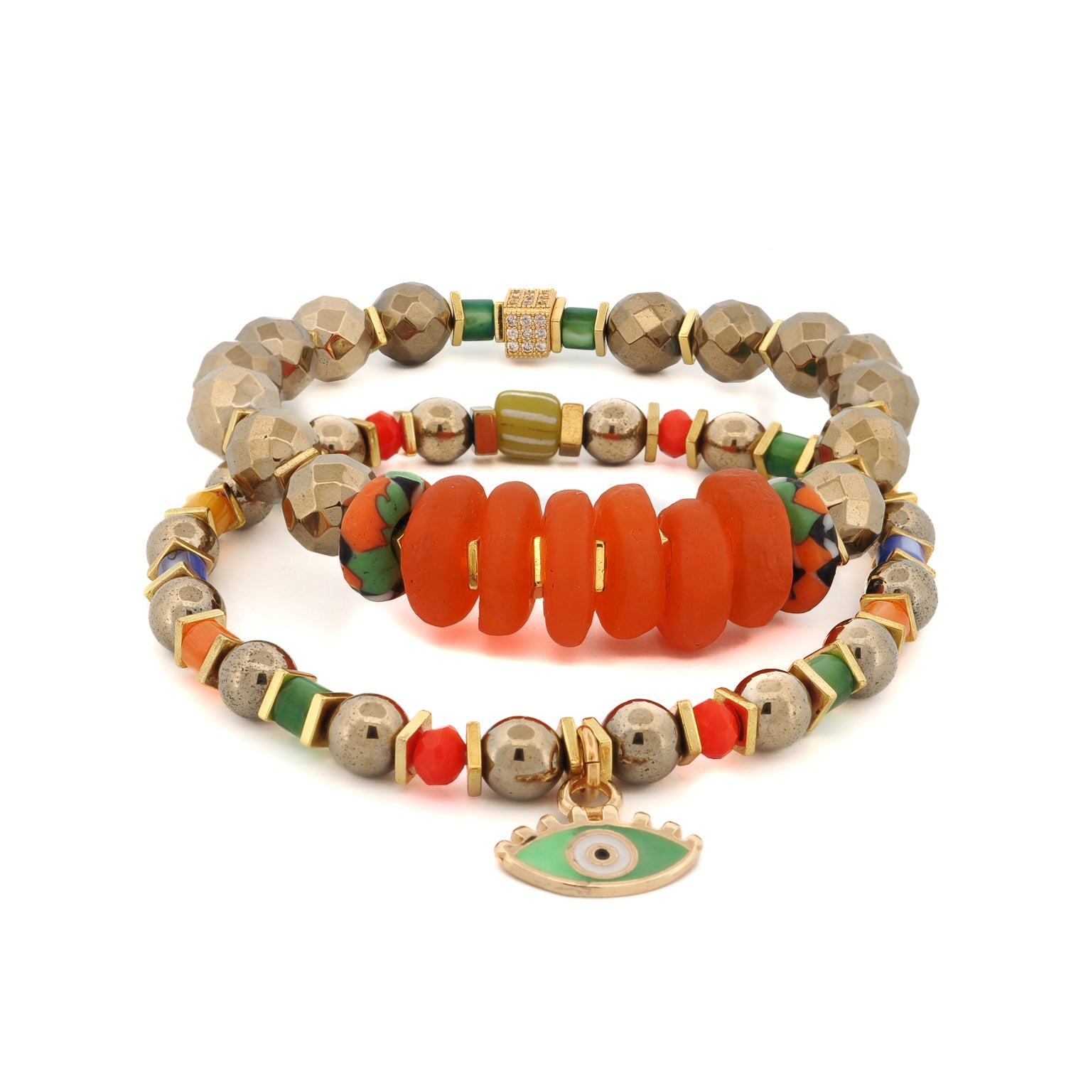 Joyful colorful beaded bracelet with green enamel evil eye charm and gold hematite on white background