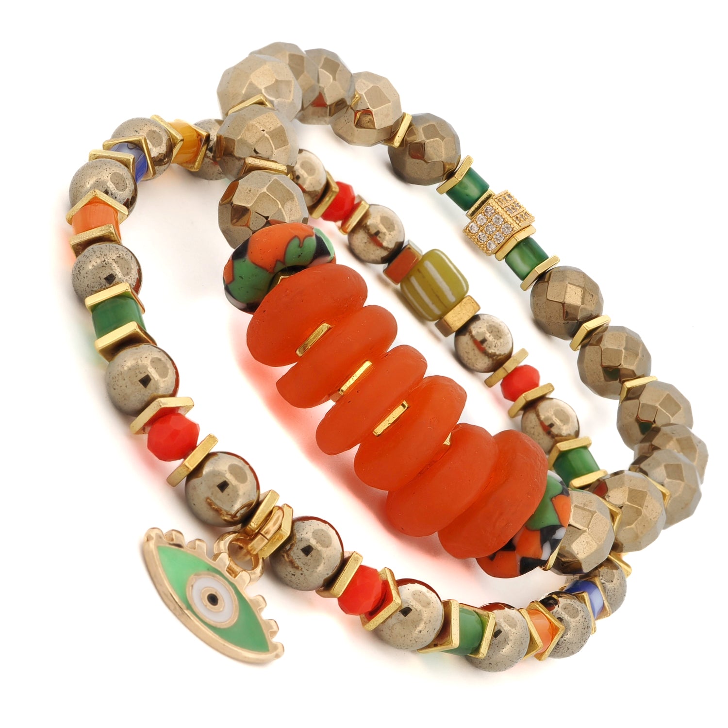 Close-up of gold hematite bracelet with colorful pearls and African nugget glass beads