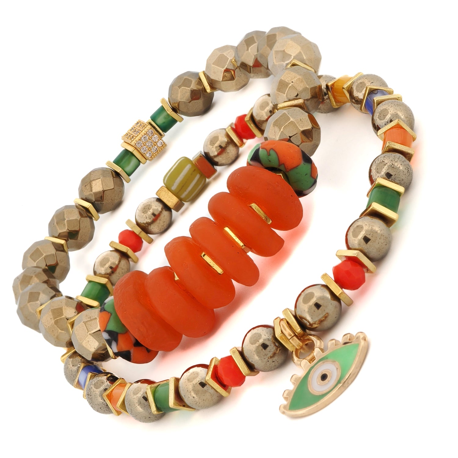 Stretch bracelet with gold hematite stones and joyful multicolor bead accents